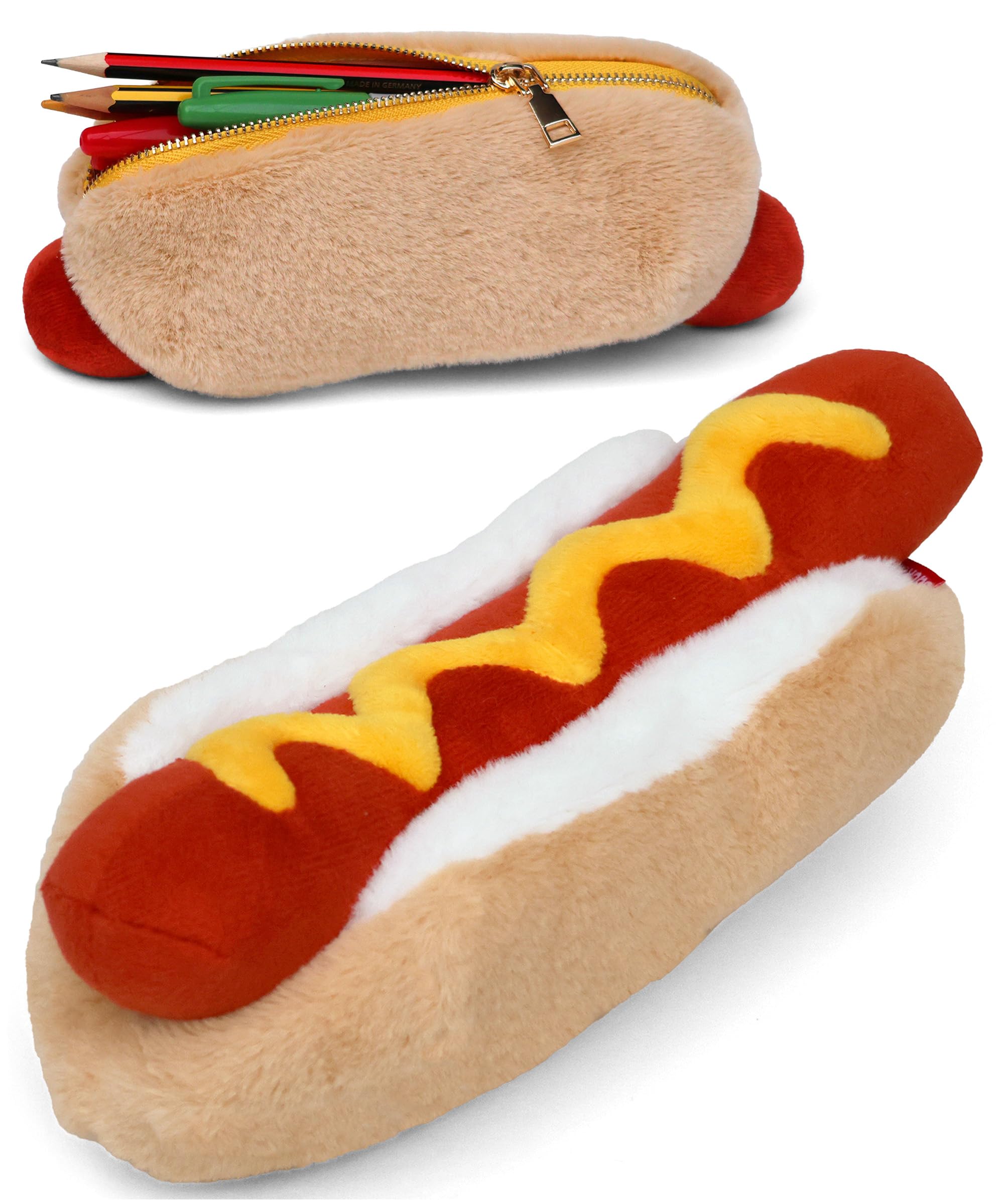 Suck UK Plush Hot Dog Zip Pouch | Hot Dog Shaped Pencil Case | Makeup Bag | Back to School Supplies | Stationery | Cute Accessories | Cosmetic Organizer | Gold Zipper | Novelty Gift for Food Lovers