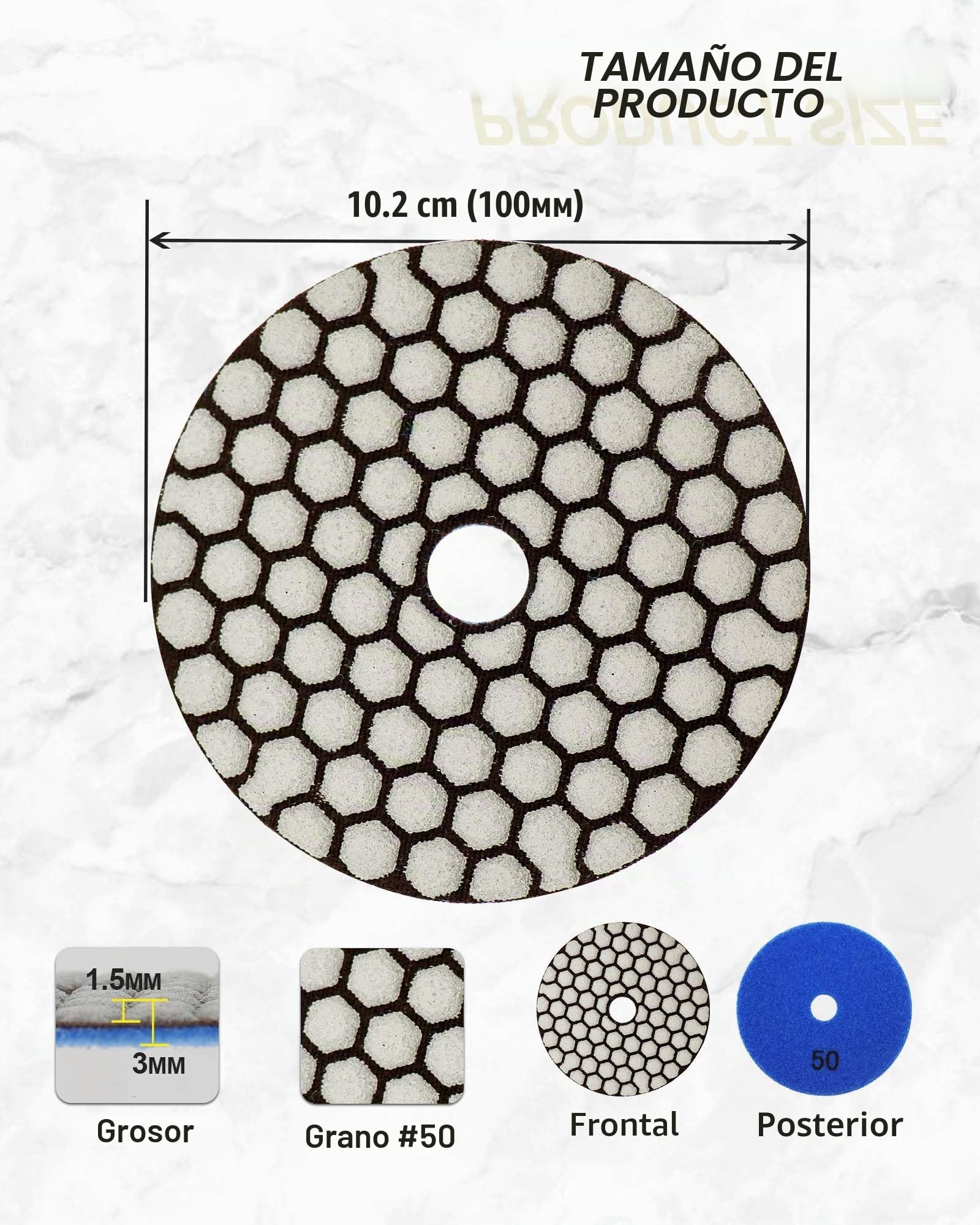 Almohadillas Pulido Diamante Seco 4"/100mm - 8piezas Grano 50 Discos Pulido para Granito Mármol Piedra Artificial Cuarzo para Amoladora Angular SANLEETEK