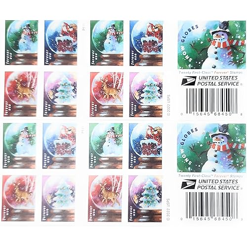 Snow Globes 2023 (2 Books of 20) First-Class Mail Forever Postage Stamps Multiple Stamp Designs (A Snowman, Santa Claus Poised on a Chimney, a Majestic Deer, and a Christmas Tree)
