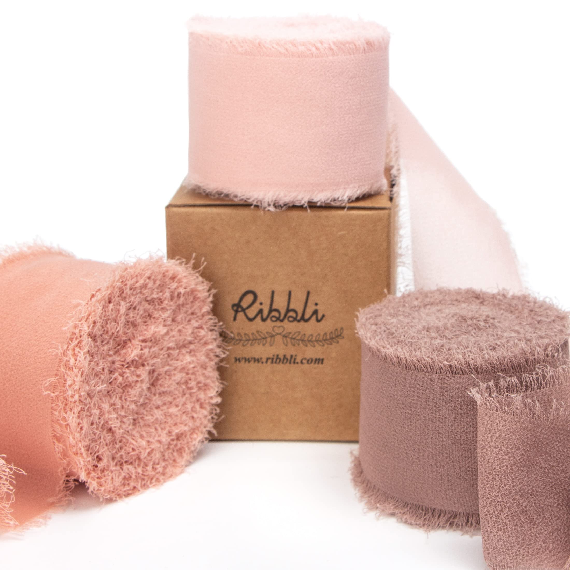 RibbliChiffon Ribbon 1.5 inch x 30 Yard Handmade Silk Ribbon, Blush Pink/Dusty Pink/Mauve Fringe Chiffon Ribbon for Wedding Invitations, Bridal Bouquets Wrapping, Flower Arrangement Decoration