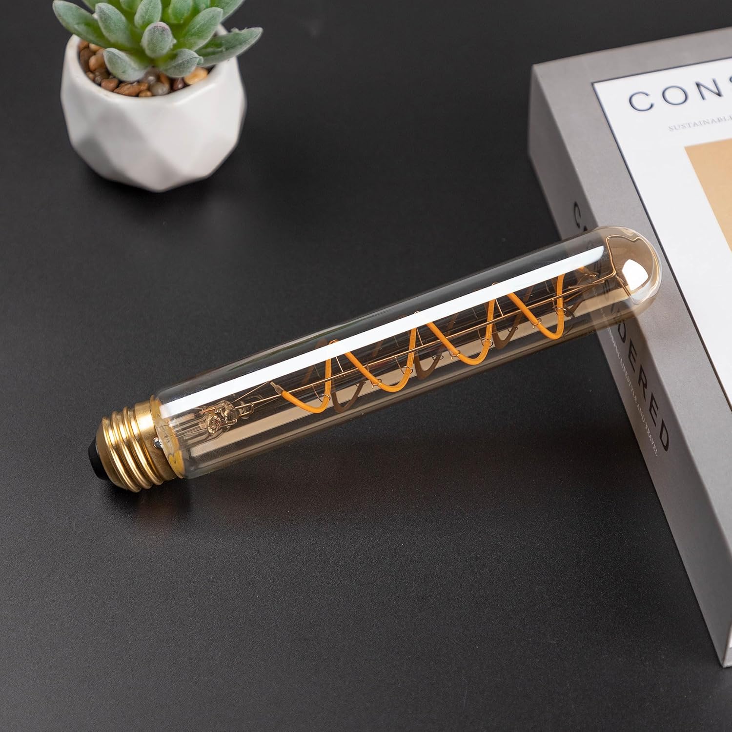E26 40 Watt Long Light Bulb,7.3inch Tubular Light Bulbs Dimmable,4W T10 LED Edison Bulbs 400LM,2700K Warm White Antique Spiral Filament Type T Bulb,110V,Amber(4-Pack)
