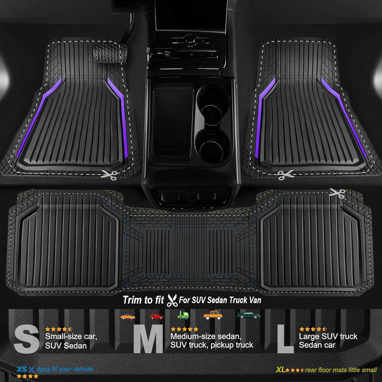 CAR PASS Heavy Duty Rubber Floor Mats for Car, Waterproof Liner Deep Dish Car Mats Full Sets, Universal Trim to Fit for SUV Truck Sedans Vans, All Weather Automotive Floor Mats 3pcs, Black Purple
