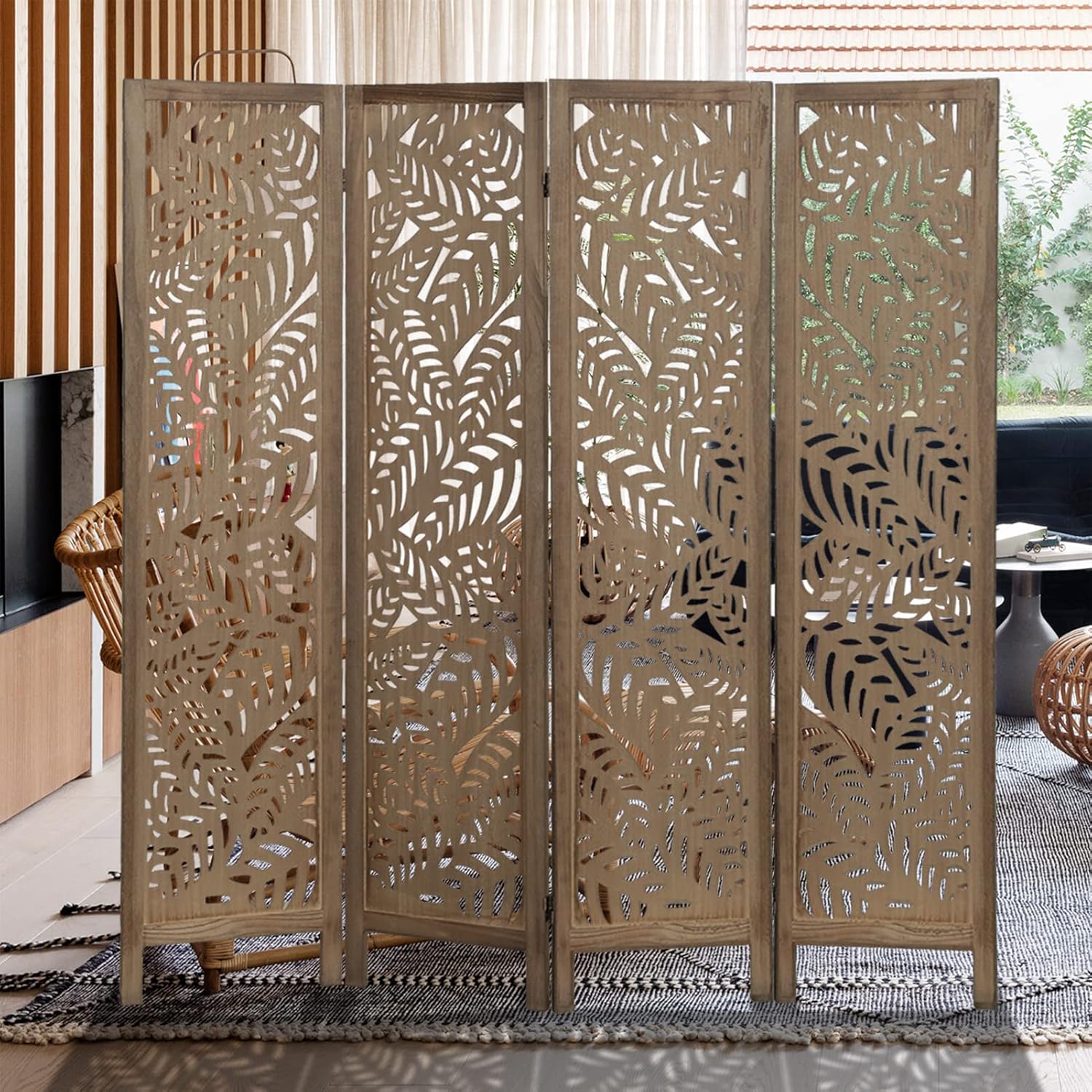 ECOMEX Cutout Room Divider,4 Panel 5.6Ft Wood Room Dividers and Folding Privacy Screens,Foldable Natural Wooden Lightweight Room Partition for Office, Bedroom,Terrace,Themed Restaurant,Leaves