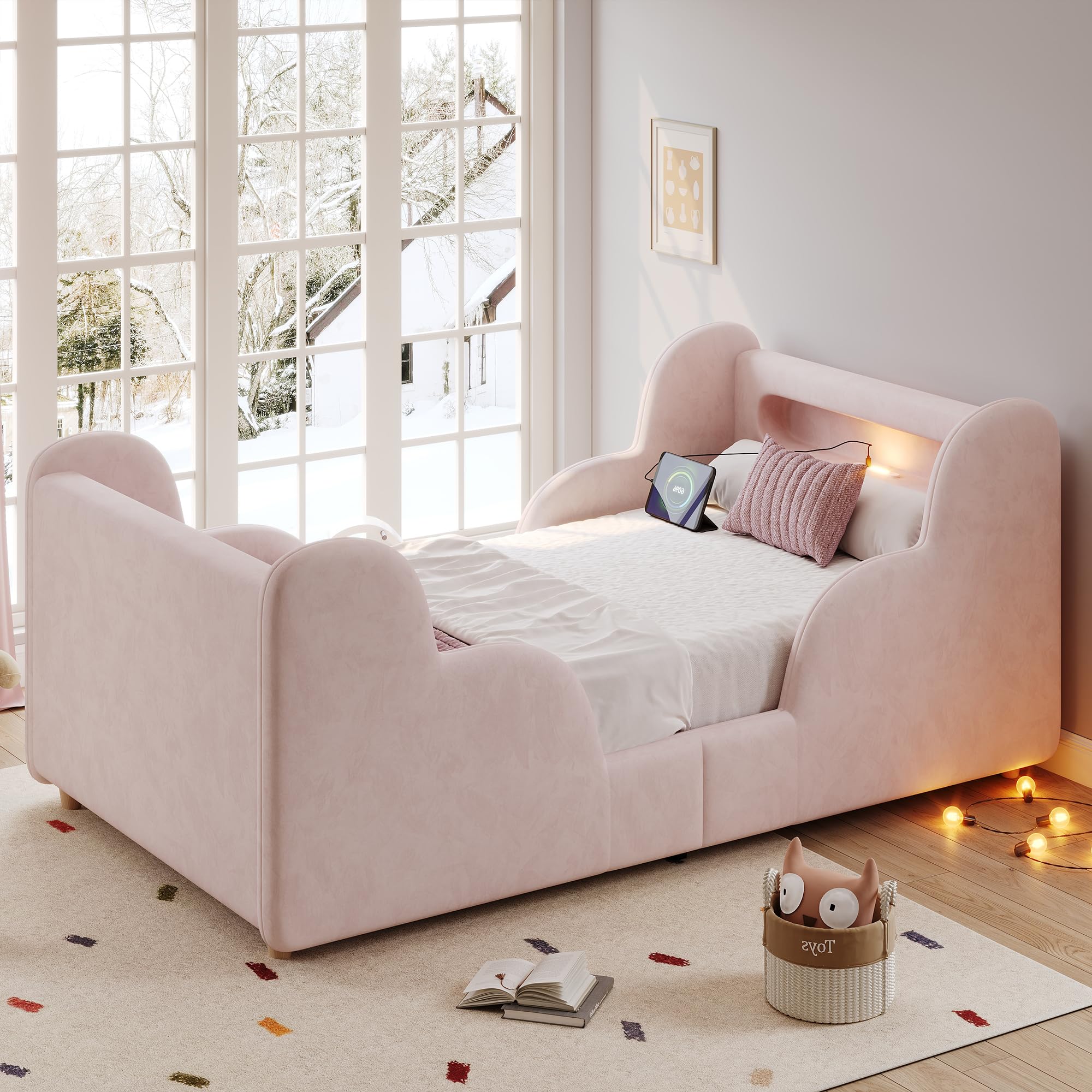 Lettino imbottito per bambini, letto singolo, con ringhiera di protezione, con luce notturna e porta di ricarica USB e scomparti portaoggetti, gambe in legno massiccio (rosa velluto, 90 x 200 cm)