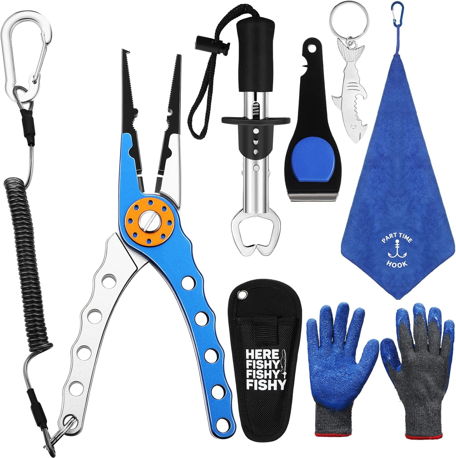 VioraWhite 8 Pieces Fishing Tools Kit Fish Hook Remover Set Include Fishing Pliers Lip Gripper Multifunction Scissors Gloves Towel Keychain Hook for Men Women Gifts