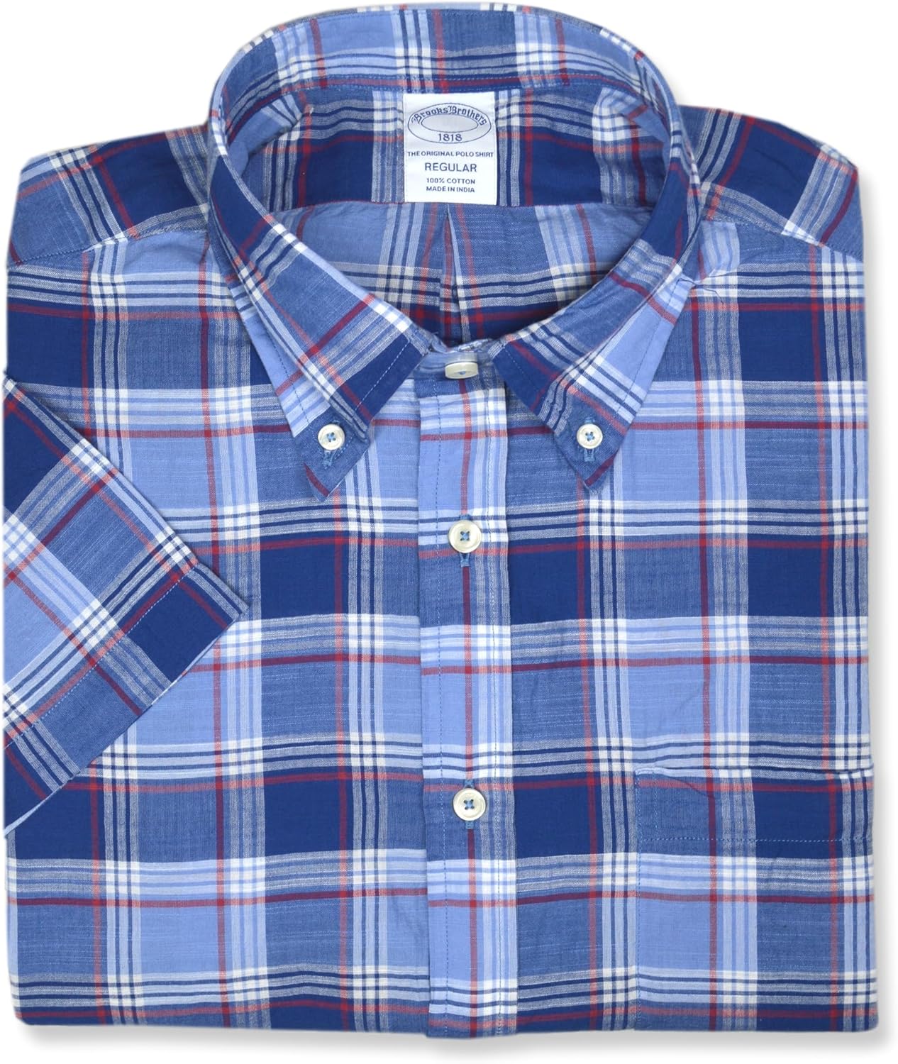Brooks Brothers Mens Lightweight Cotton Short Sleeve Madras Plaid Button Down Shirt,