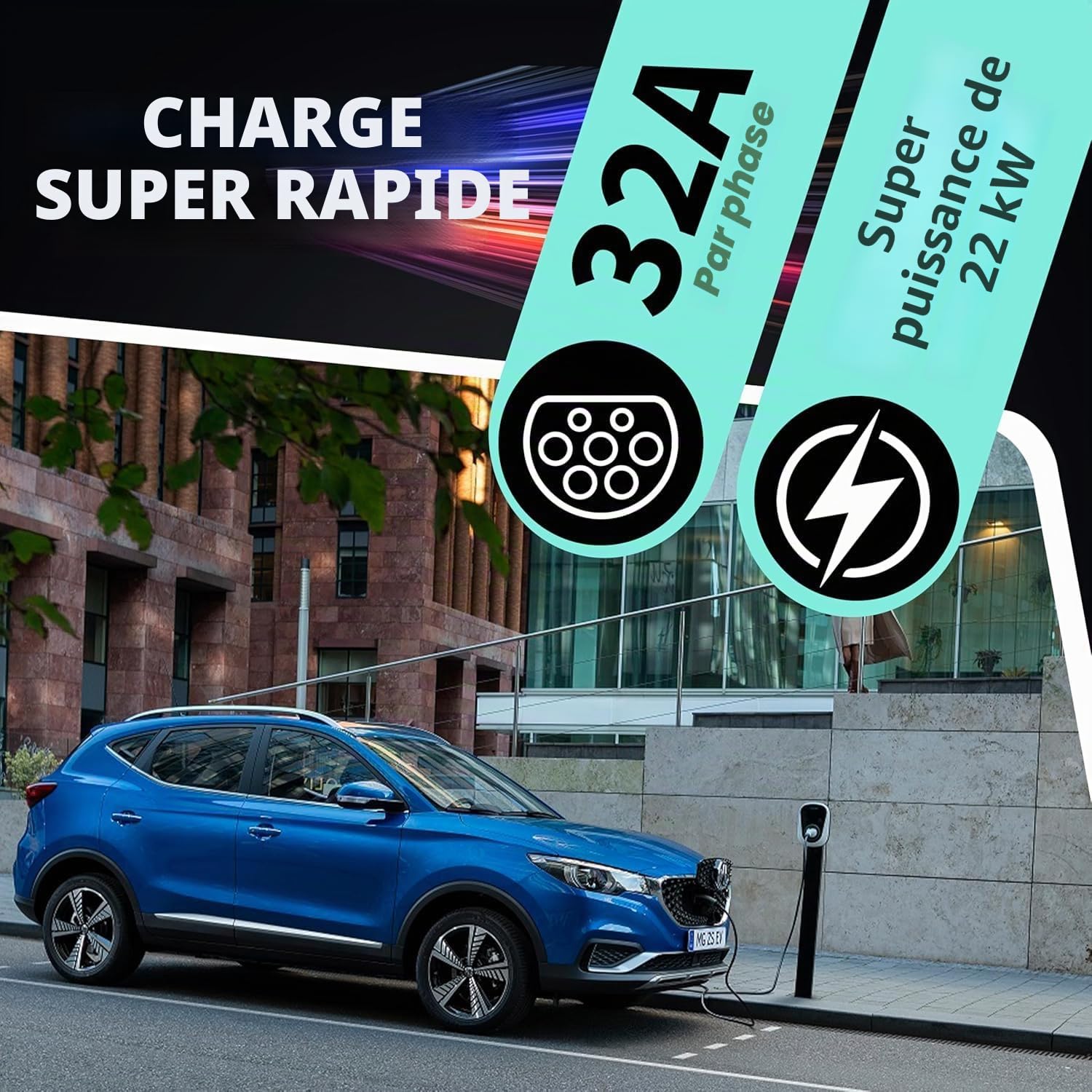 Loady dé Cable Recharge Voiture Electrique 22kW [15m, Triphasé, 32A] Cable Type 2 - Compatible avec e-208, Spring, 500e, Model 3, Megane EV, Zoe et Autres EV et PHEV, Noir