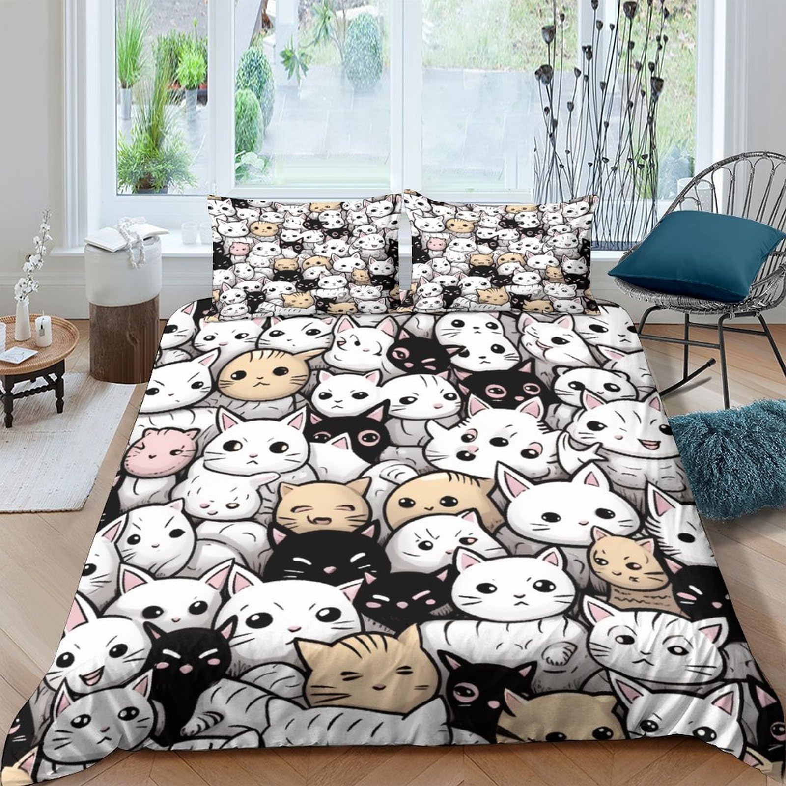 Anime Cat Bedding Set Duvet Cover Set for 3D Printed Wildlife 3 Pieces Soft Breathable Comforter Cover Quilt Cover with Pillowcases Double（200x200cm）