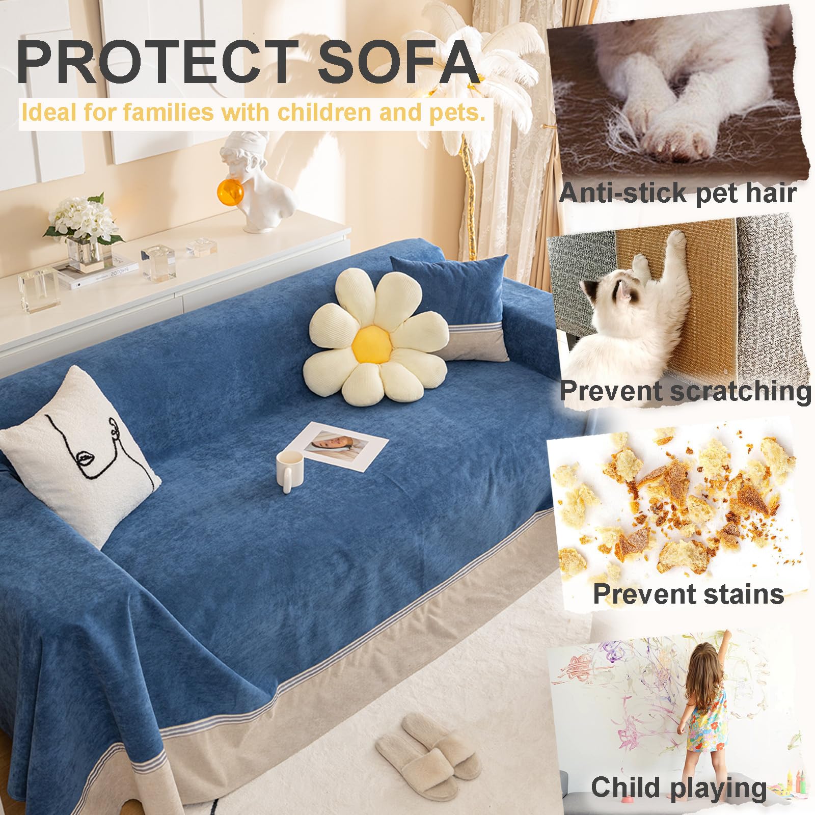 Protege Canape Impermeable Protection Couverture Canape Chat Anti Griffe Housse De Canapé Antidérapante en Forme De L Housses De Canapé 1 2 3 4 Places (Bleu Foncé,200 * 180cm)