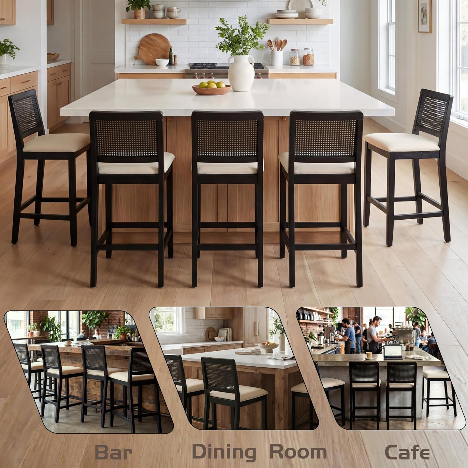 chairus 26" Rattan Bar Stools Set of 4, Farmhouse Chenille Upholstered Counter Height Stools with Cane Woven Back, Mid-Century Modern Wooden Bar Chairs for Kitchen Island, Black Beige