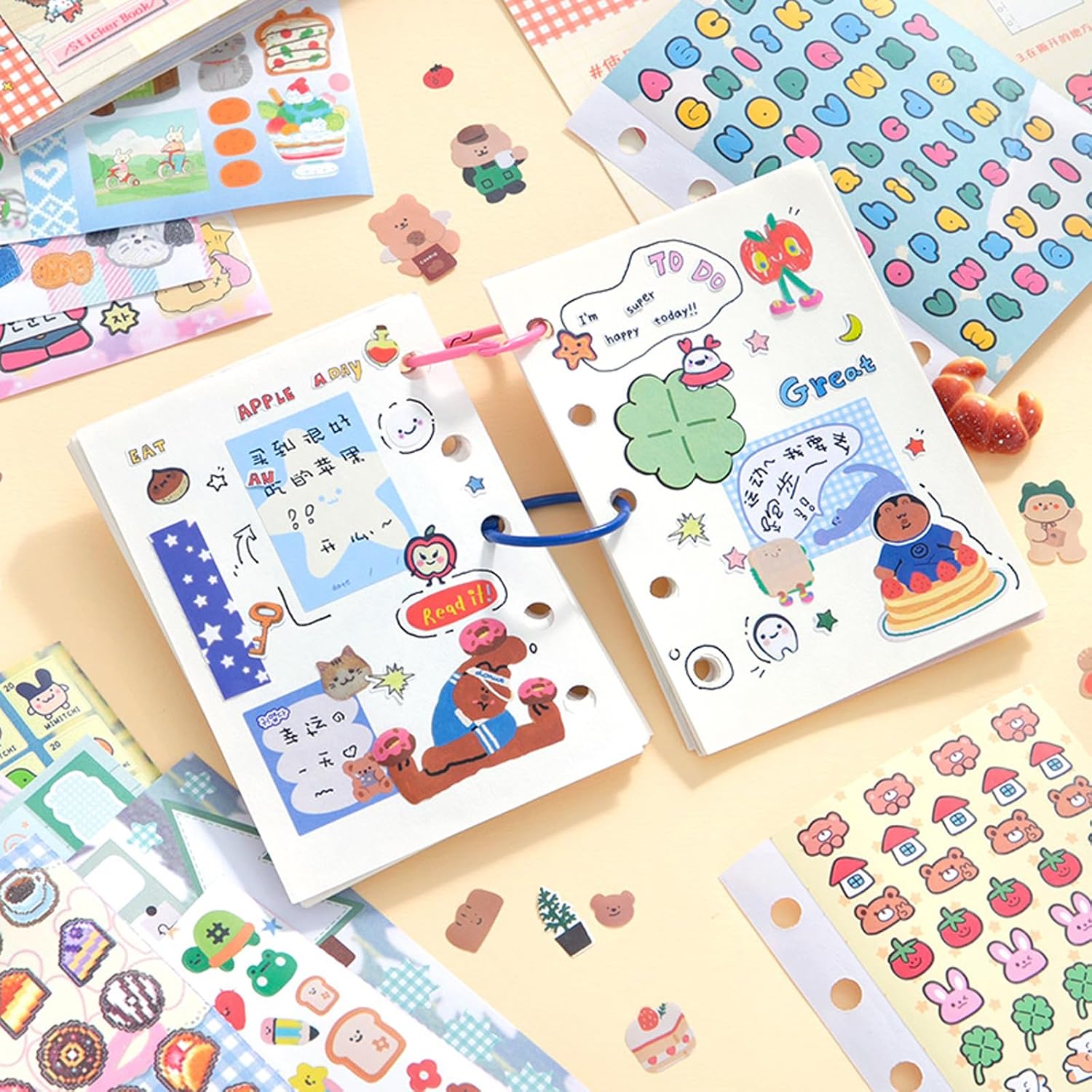 Japanese Manga Sticker Book 2-Pack,60 Sheets with Glitter, Matte and Writable Note Stickers for Journaling, Ins Style Scrapbook Supplies, 5.8 x 4.1 Inch Kawaii Sticker Set
