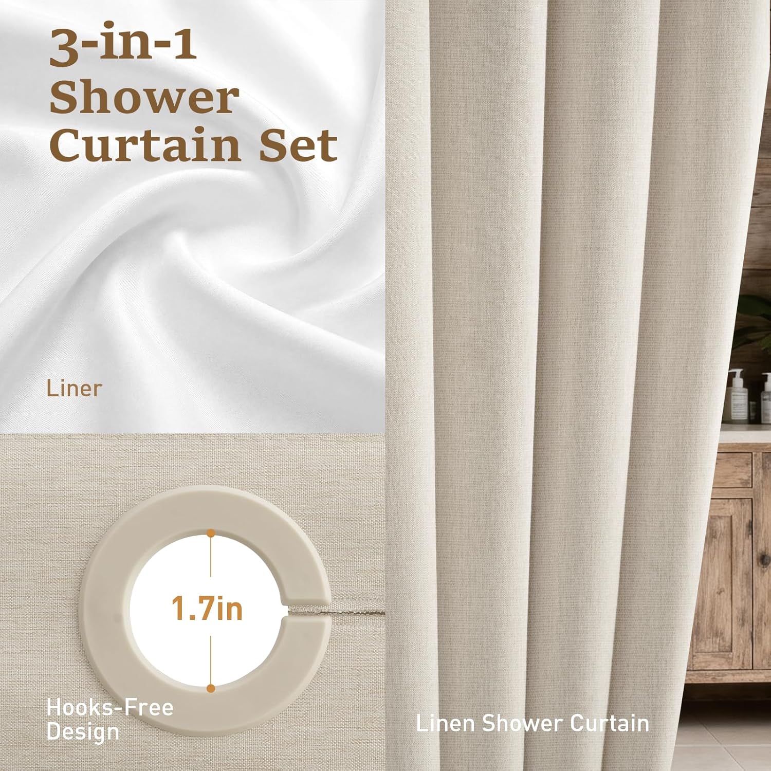 BTTN Stall Ringless Shower Curtain Liner Set, 60 Inch Narrow Linen Textured Fabric Shower Curtain with Mesh Top Window, Waterproof Washable Bath Curtain Snap in Liner with Magnets, 60x75, Beige/Cream