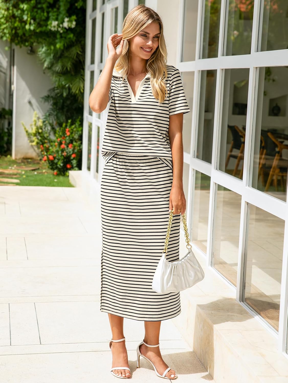 Glamaker Womens Skirt Sets 2 Piece Outfits 2025 Summer Casual Striped Short Sleeve Skirt And Top Set Travel Clothes - Image 3