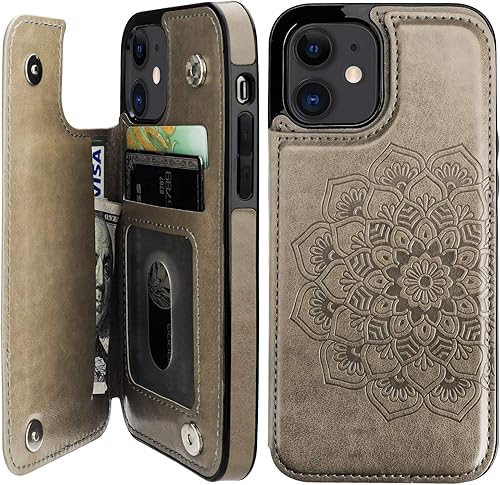 Vaburs Funda compatible con iPhone 12 y iPhone 12 Pro con tarjetero, diseño de mandala en relieve de flor de piel sintética, doble botones