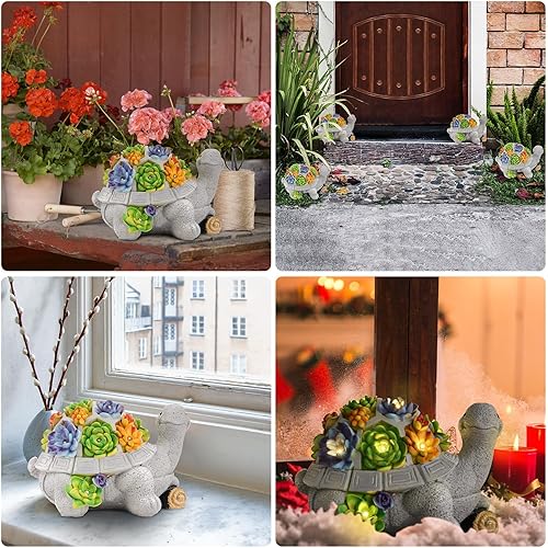 Miniatura 5 de Regalos para mujeres, luces solares para jardín exterior con suculentas y 8 luces LED y tocón, decoración de césped, estatua de tortuga para jardín,