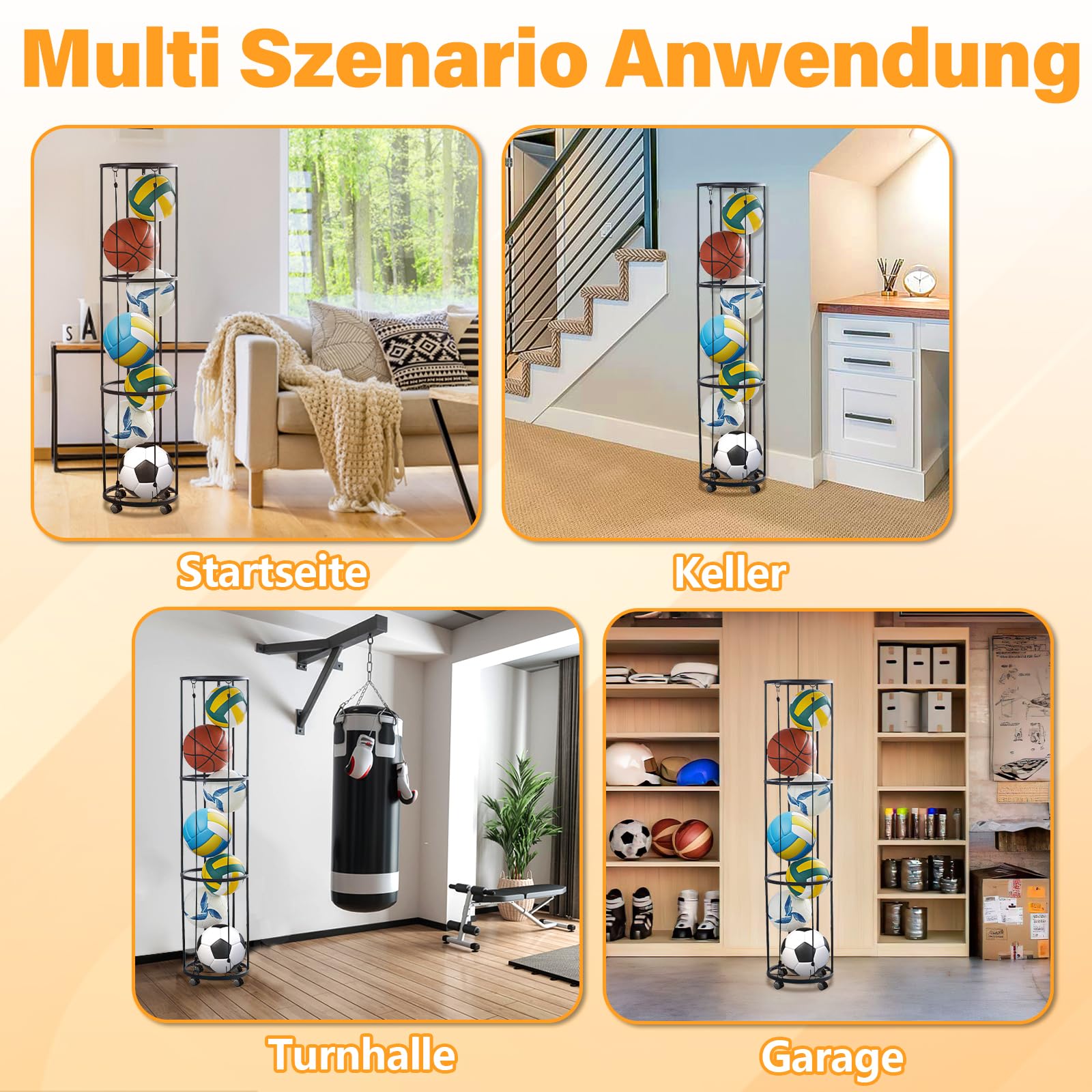 Ballständer mit Rollen Sparende Abnehmbare Stehend Ballhalter, Garage Ball Aufbewahrung Sports Storage für Volleyball Fußball Basketball Ballhalterung Wand Storage (Schwarz)