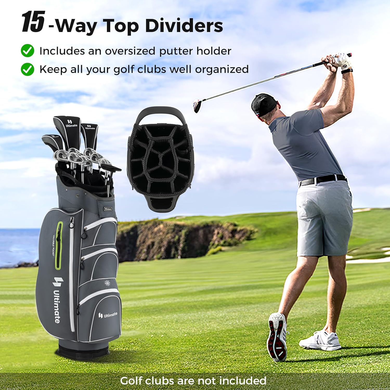 ULTIMATE Golf Cart Bag w/ 15-Way Top Dividers, Lightweight Portable Golf Club Bag w/Individual Putter Holder, 7 Pockets, Cooler Bag, Rain Hood, Umbrella Holder, Padded Shoulder Strap & Handle