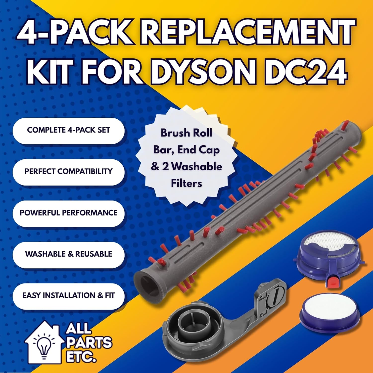 ALL PARTS ETC 4-Pack Replacement Kit for Dayson DC24 – Brush Roll Bar, End Cap & 2 Washable Filters – Fits DC24 Animal, Blitz It, i, Multi Floor, Multi Floor Complete – Compare to 917390-01