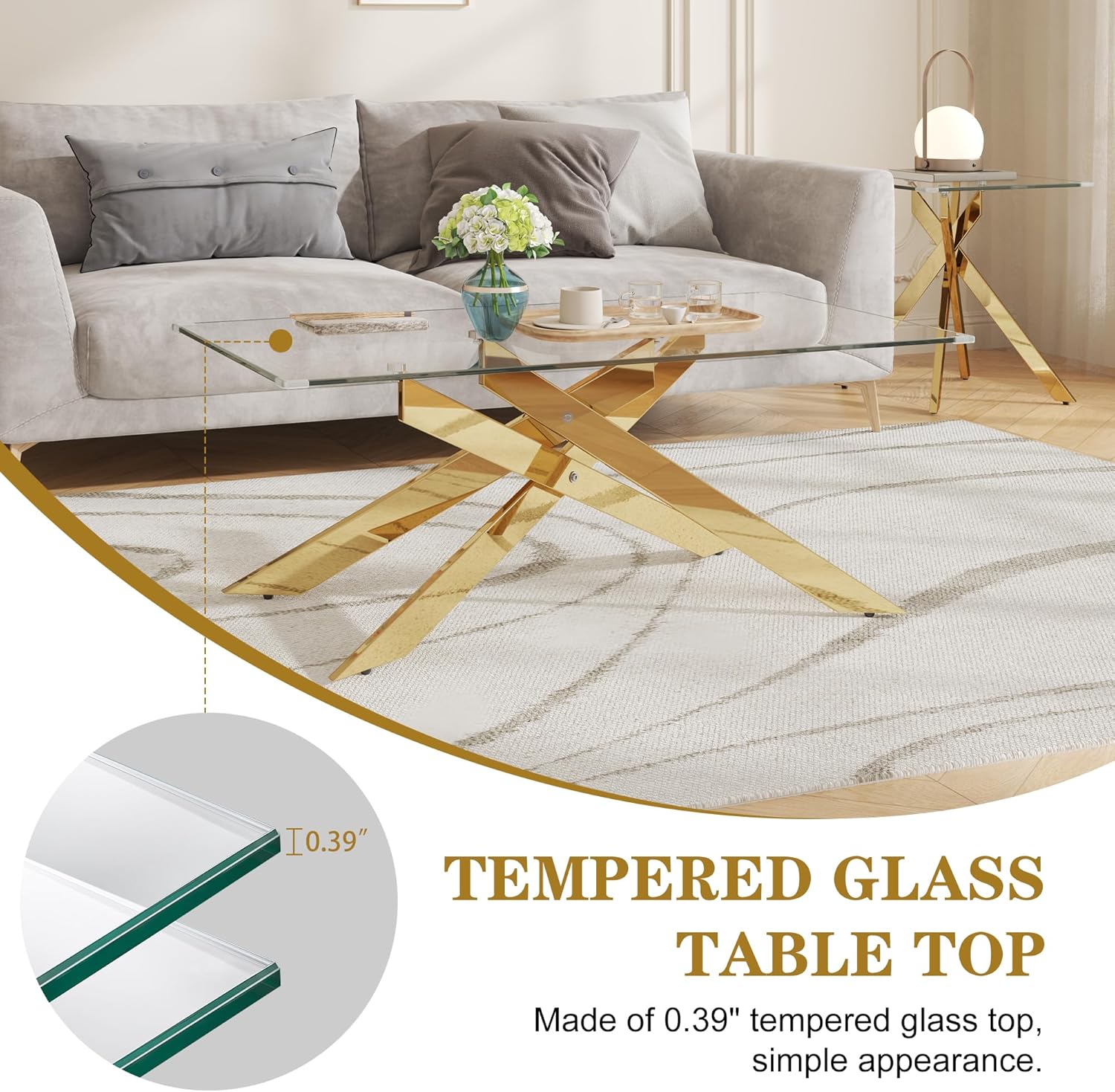 47" Glass Coffee Table with Tempered Glass Top and Gold Metal Legs, Modern Rectangle Center Table for Living Room, Office, Apartment, Easy to Assemble