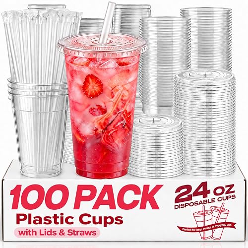 100 Pack 24 oz Plastic Cups with Lids and Straws, Clear Disposable Plastic Cups, Heavy Duty Iced Coffee Cups with Leak-Resistant Lids, Cold Drink Cups for Smoothies, Juice, Soda & Party To Go