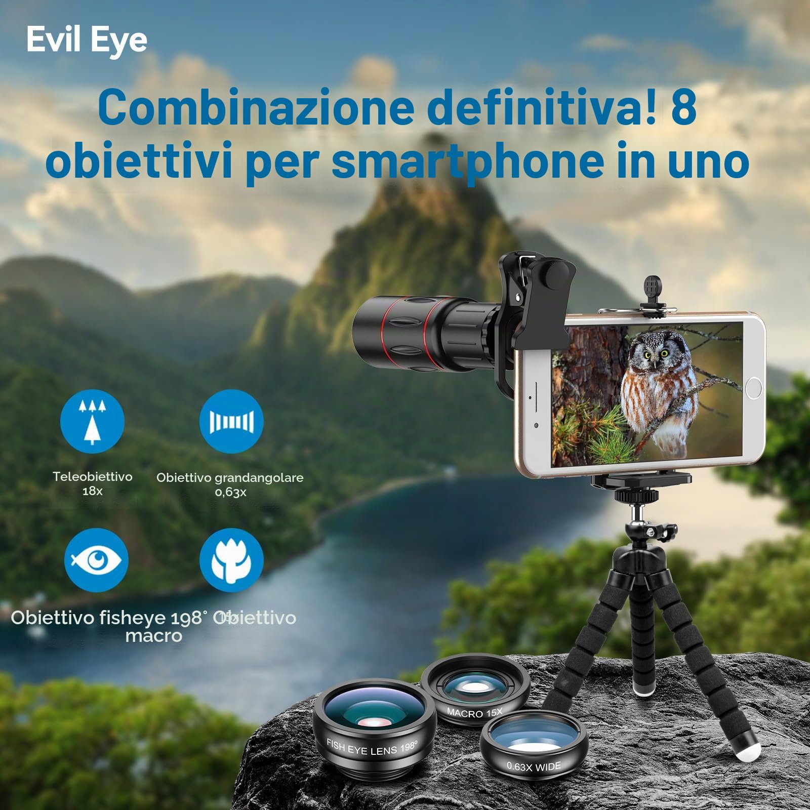 Apexel Kit obiettivo fotocamera 18X teleobiettivo/grandangolo e obiettivo macro/fisheye/caleidoscopio/filtro stella con treppiede otturatore remoto per iPhone, Samsung e la maggior parte degli