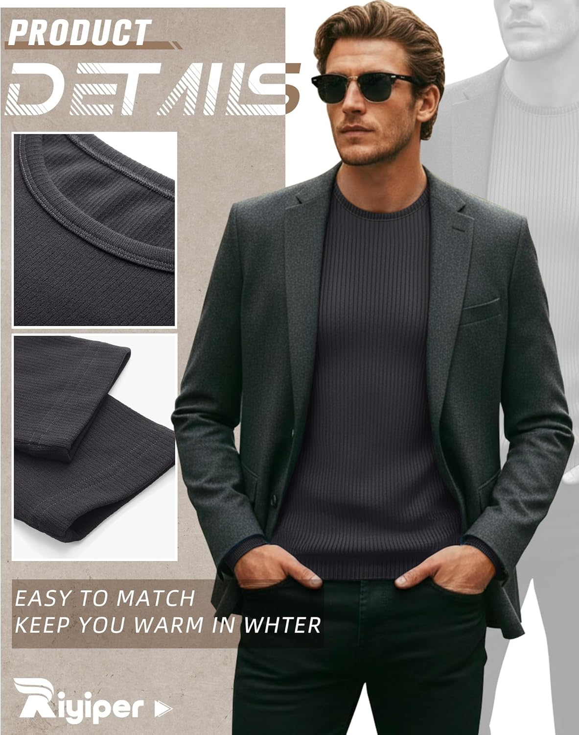 Riyiper 3 Pack Men's Ribbed Thermal Shirts Crew Neck Long Sleeve Tops Winter Stretchy Slim Basic Undershirt - Image 3
