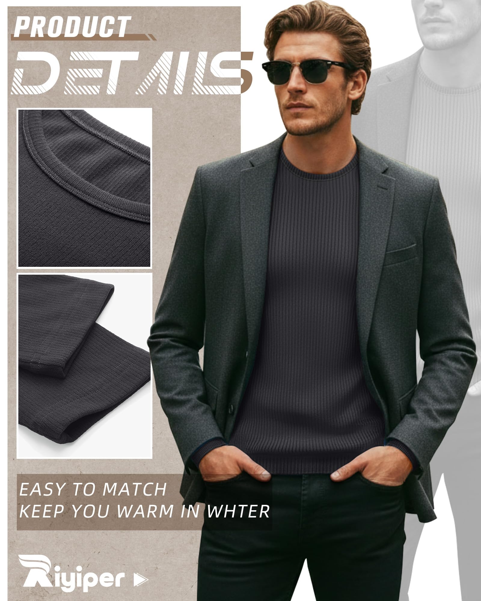 Riyiper Confezione da 3 Maglie Termiche a Costine da Uomo Girocollo Manica Lunga Canottiera Intima Invernale Slim Basic