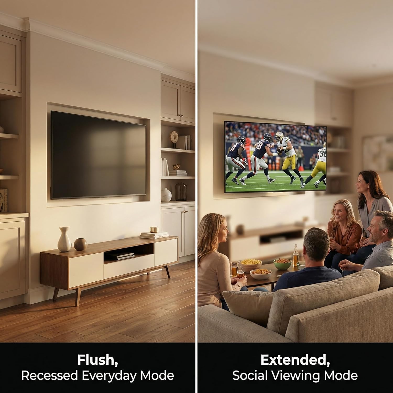 NSY-50201 Recessed in-Wall TV Mount for 42-75 Inch Flat Screens with 19" Long Extension – Zero Clearance, Low Profile, Space-Saving Design, Hide Cables, Tilt & Swivel, for 16" Studs Only