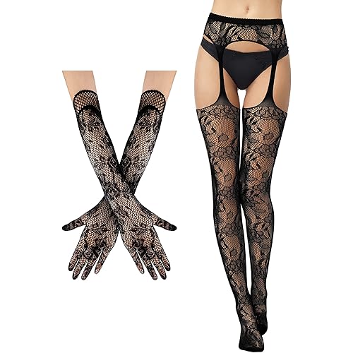 2 Pieces Suspender Pantyhose Long Floral Lace Gloves Stocking Fishnet Tights Garter Belt Stockings for Women, Black