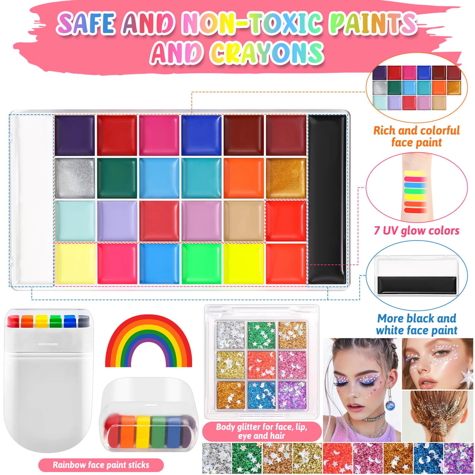 Kit profesional de pintura facial, paleta de aceite de 26 colores con 6 plantillas, 41 calcomanías de plantilla, 10 pinceles, 9 purpurina corporal, 2 hojas de gemas adhesivas, pintura facial arcoíris 4