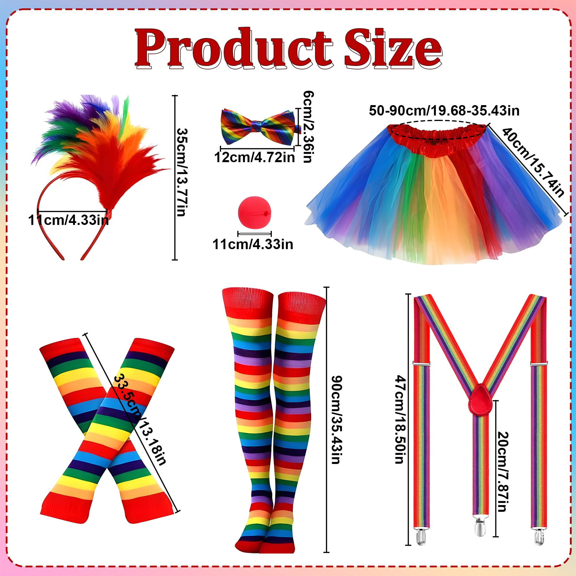 cadelon 12pcs Clown Costume Set for Women - Complete Clown Kit with Vibrant Rainbow Tutu Skirt, Premium Feather Headband & Accessories - Image 2
