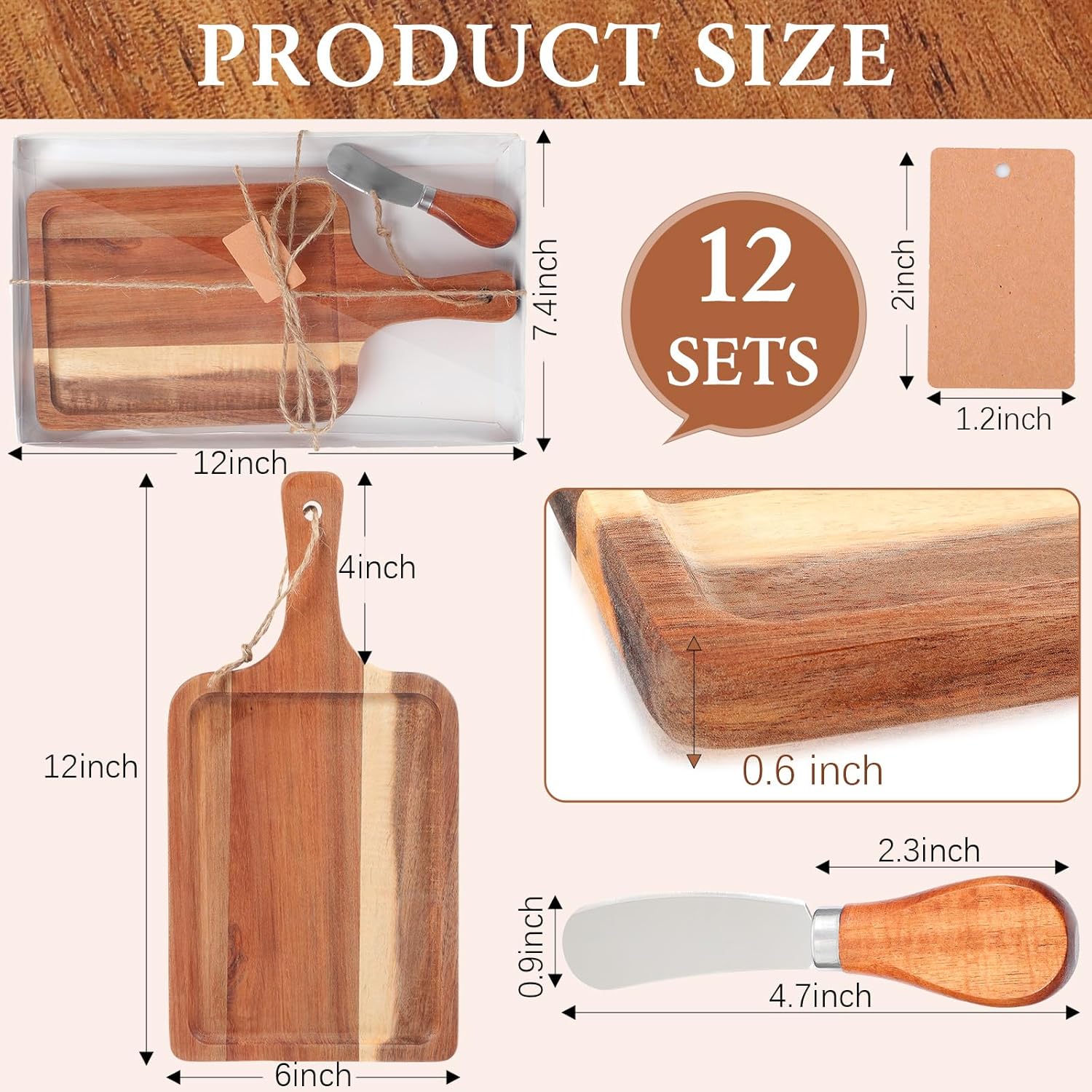 Geetery 12 Set Acacia Wood Charcuterie Board with Knife Wooden Serving Tray with Groove Acacia Wood Cutting Board with Gift Box and Card for Wedding Baby Shower Housewarming Gift(12 x 6 Inches)