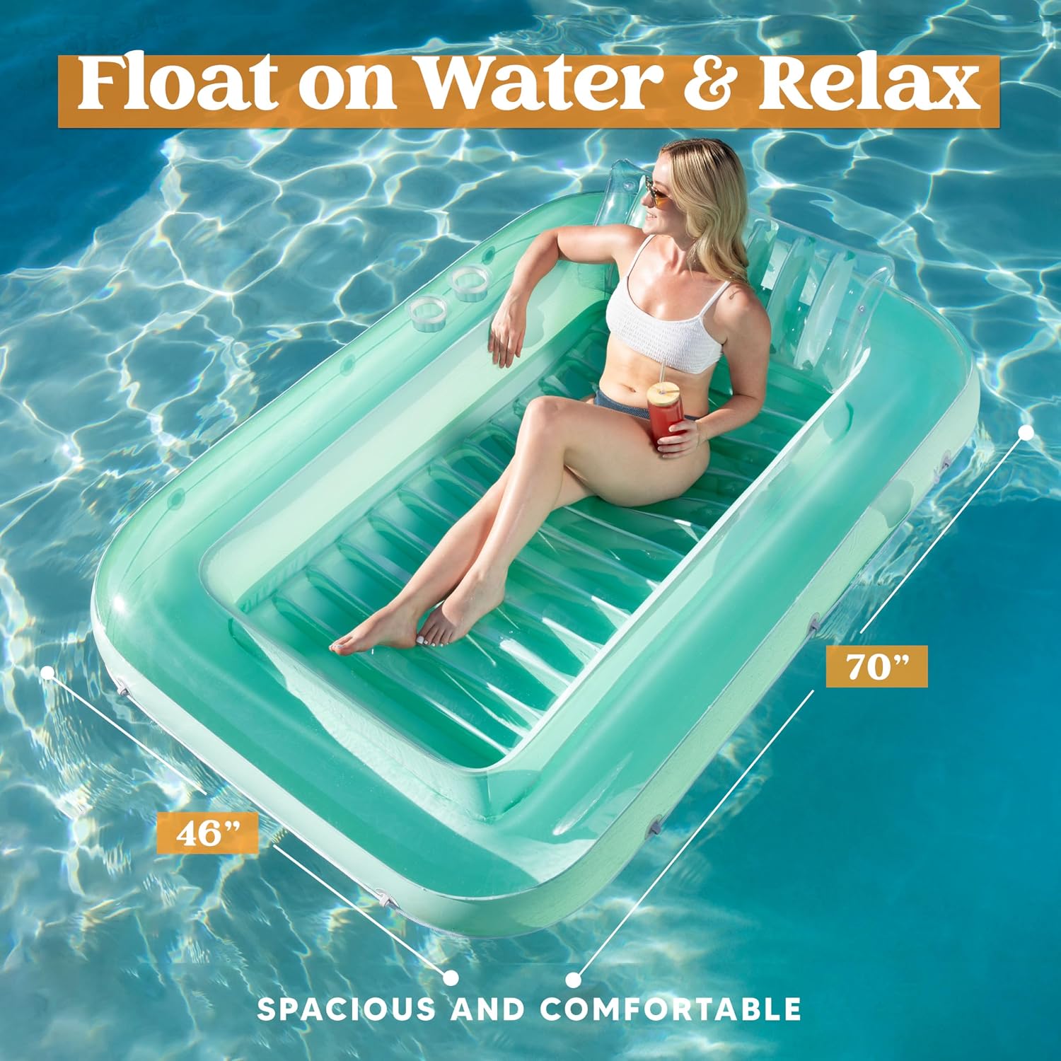 SLOOSH Inflatable Tanning Pool & Electric Air Pump Set –70" x 46" Sun Lounger with Pillow, 2 Cup Holders, Grab Rope & Fast-Fill Pump for Pool, Beach,Cyan image 2