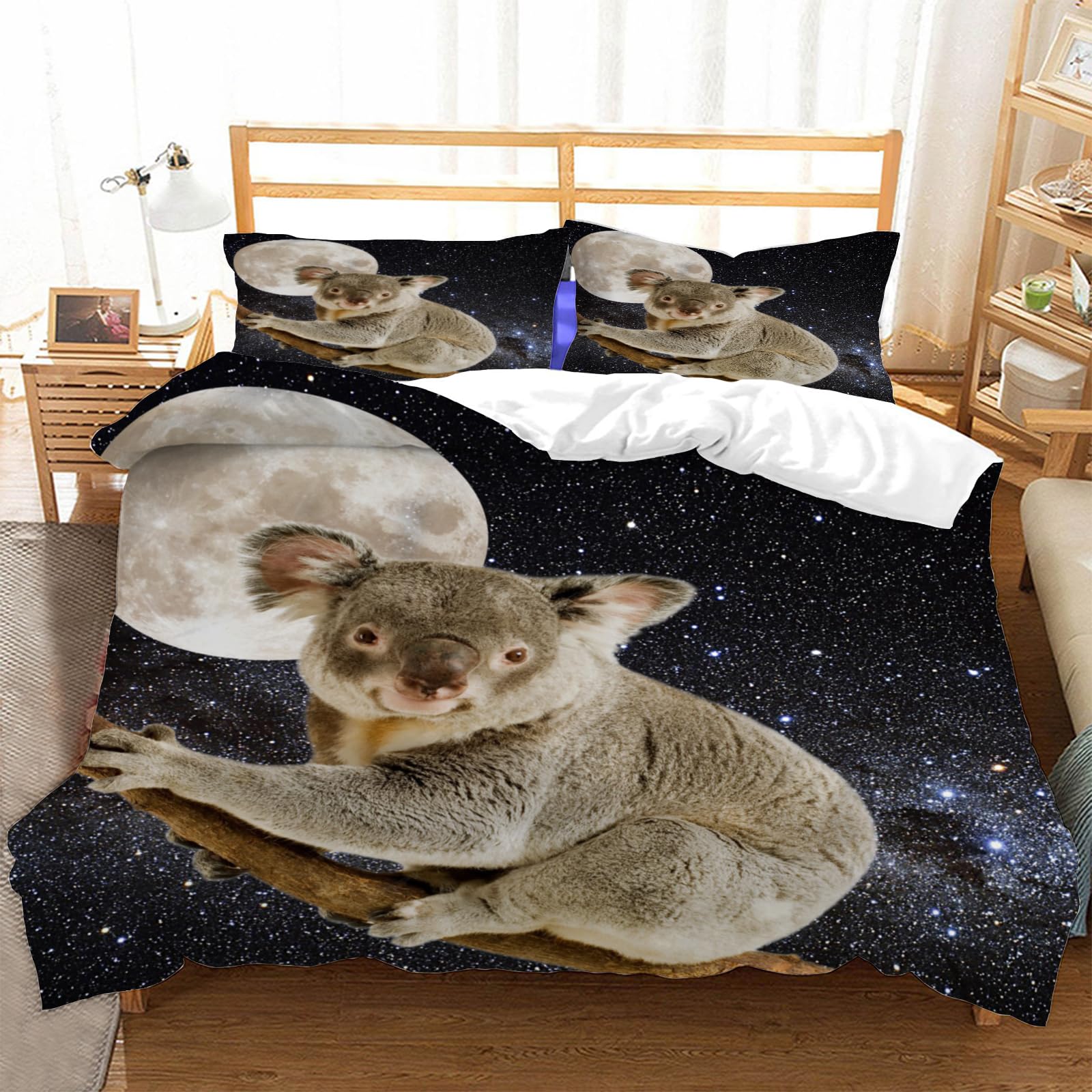 Housse de couette 240x260 koala galaxie avec 2 taies d'oreiller