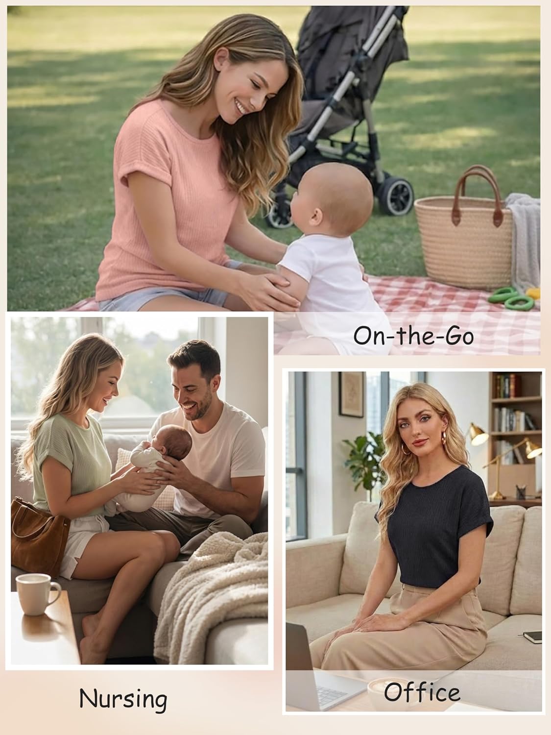 Ecavus 3 Pack Women's Nursing Shirts for Breastfeeding with Hidden Zipper Short Sleeve Ribbed Comfortable Nursing Tops