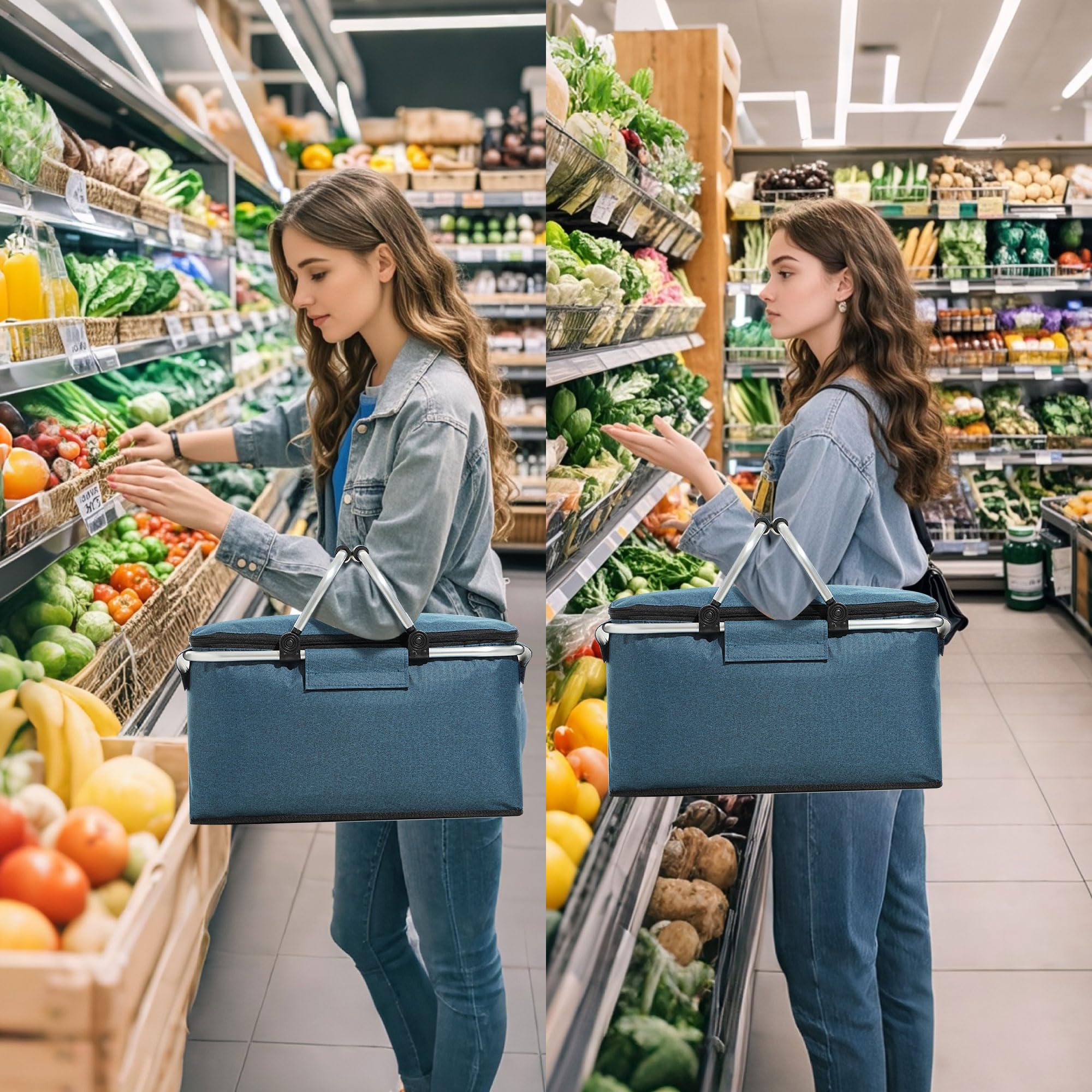 Cesta de Picnic 25L Cesta de la Compra Plegable con Asa Bolsa Picnic Bolsa Térmica Grande con Tapa Enfriador de Camping Plegable Caja Térmica para Trabajo Viajes Compras (Azul)