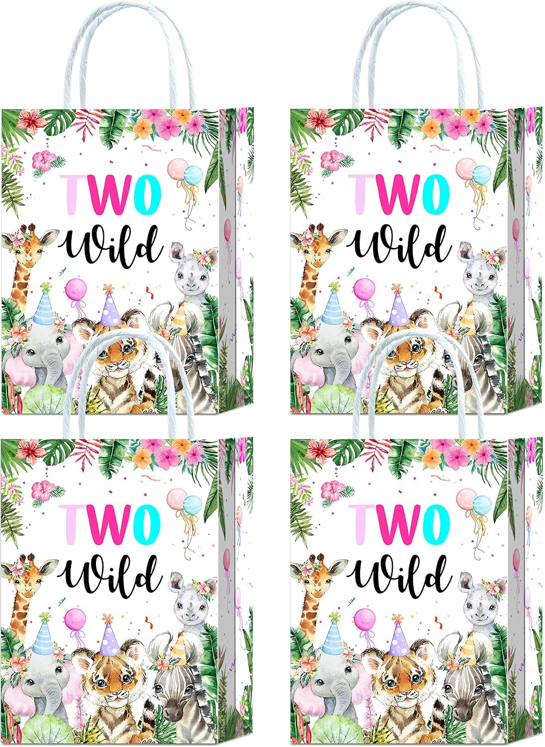 Two Wild Birthday Party Favor Bags - 16 Pcs Goodie Bags for Born to Be Wild Girl's Jungle Safari Decorations, Candy Bags for 2nd Birthday