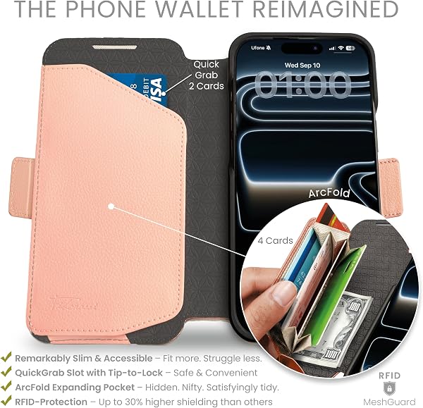 dreem Wallet Case for iPhone 17, Revolutionary Vert/Hor Phone Stand, Magnetic Detachable Vegan Leather Flip Cover RFID Blocking Card Holder, MagSafe-Fit, Gift Box [Fibonacci: Powder Pink] - 2