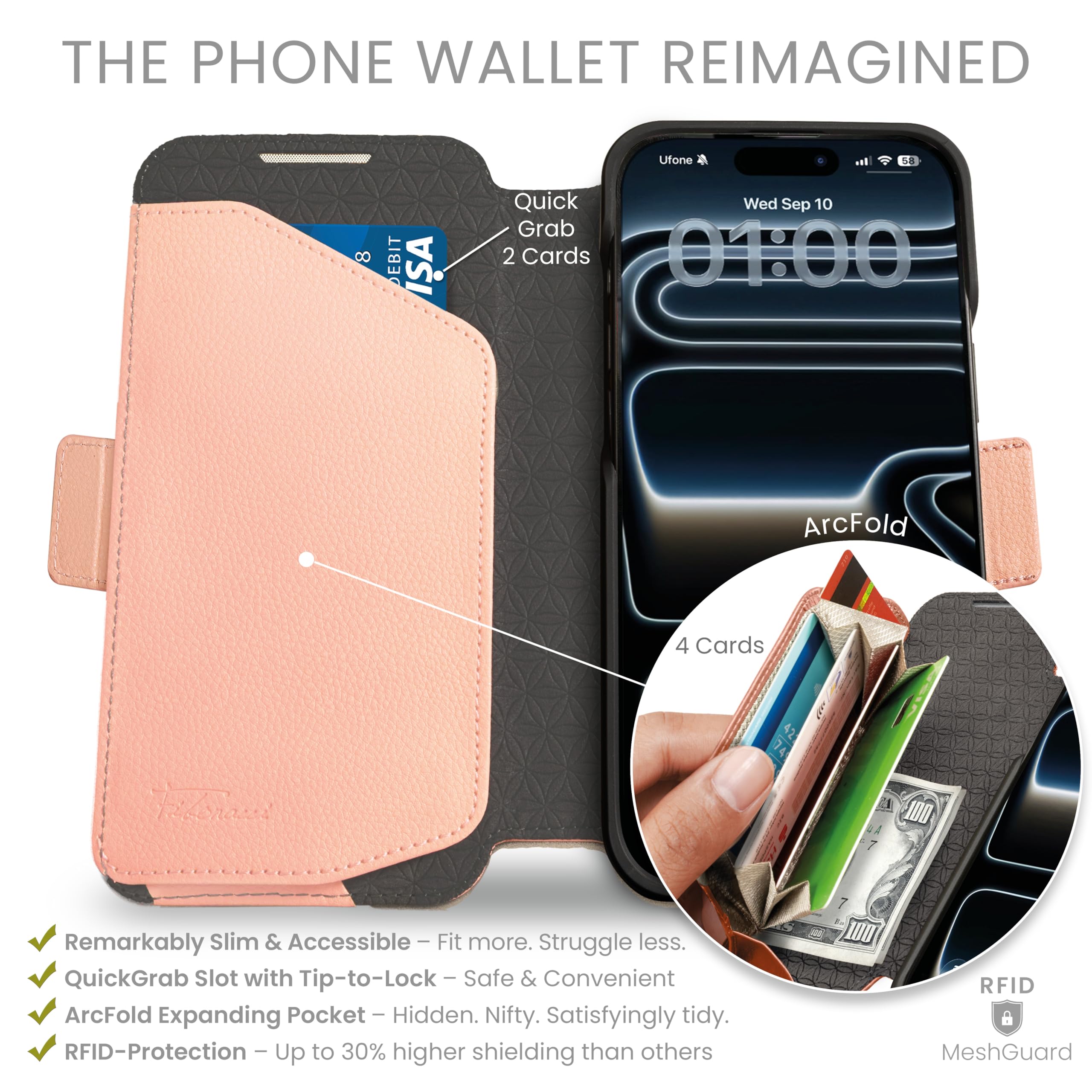 dreem Wallet Case for iPhone 17, Revolutionary Vert/Hor Phone Stand, Magnetic Detachable Vegan Leather Flip Cover RFID Blocking Card Holder, MagSafe-Fit, Gift Box [Fibonacci: Powder Pink] — view 2