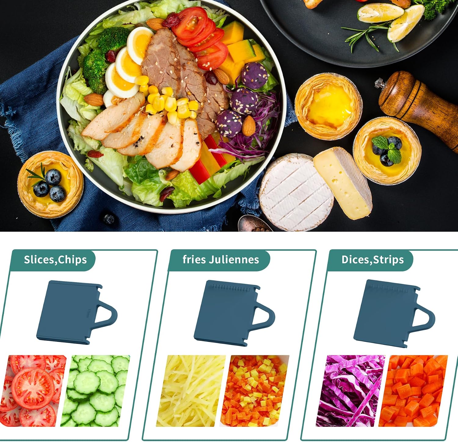 4in1 Mandoline Slicer for kitchen, Potatoes Slicer, Safe Mandoline Slicer, Vegetable Strip Julienne Cutter, Fast Meal Prep