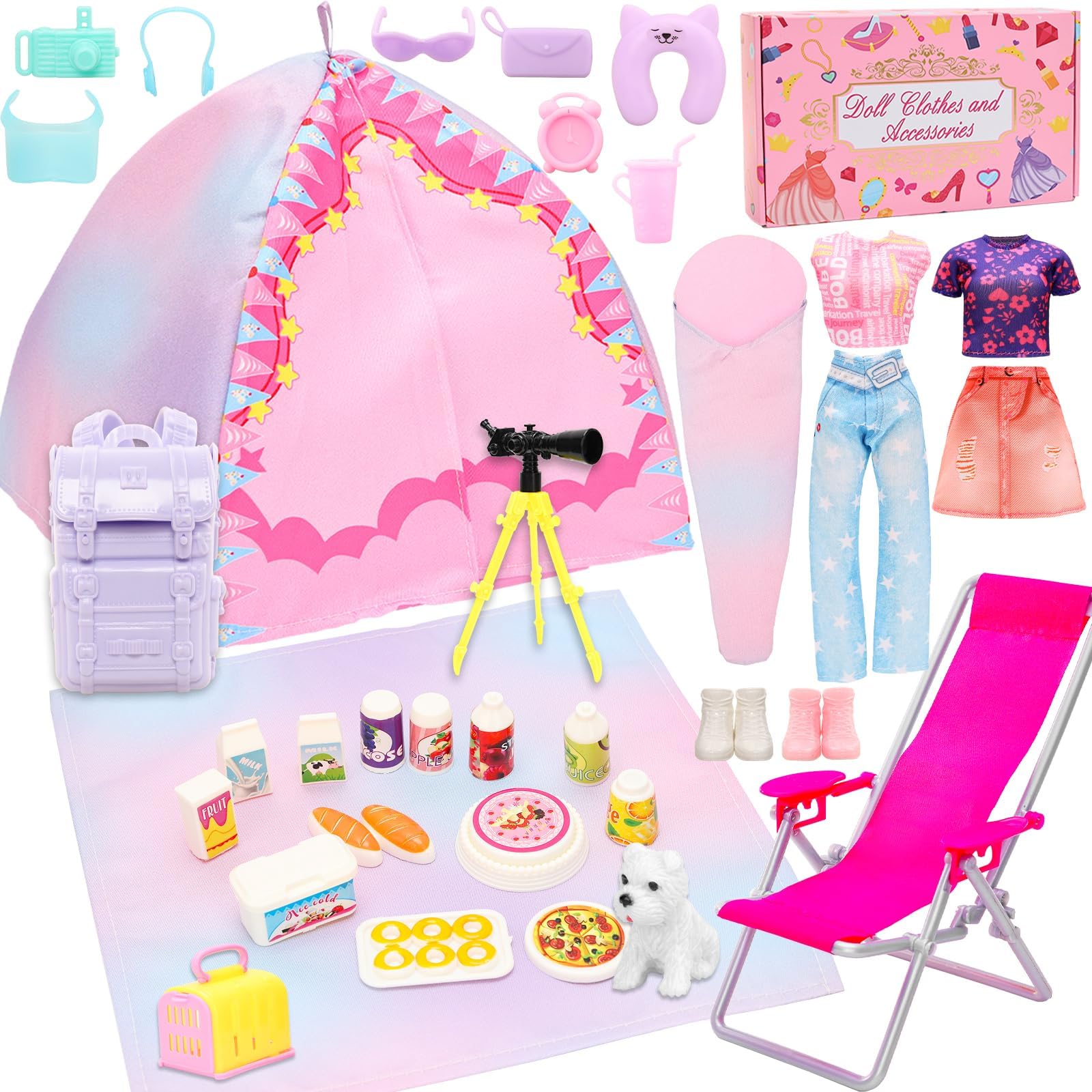 34 PCS Puppen-Reise-Camping-Zelt-Spielset für 11,5 Zoll Mädchenpuppen, Beinhaltet Kleidung, Zelt, Teleskop, Rucksack, Schlafsack und anderes Campingzubehör für Puppen-Reise-Camping-Spielset