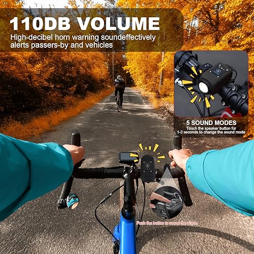 Miniatura 3 de Bocina de bicicleta con luz, luces de bicicleta de 110 dB para conducción nocturna, 4 modos de luz + 5 modos de sonido, IPX5 impermeable y