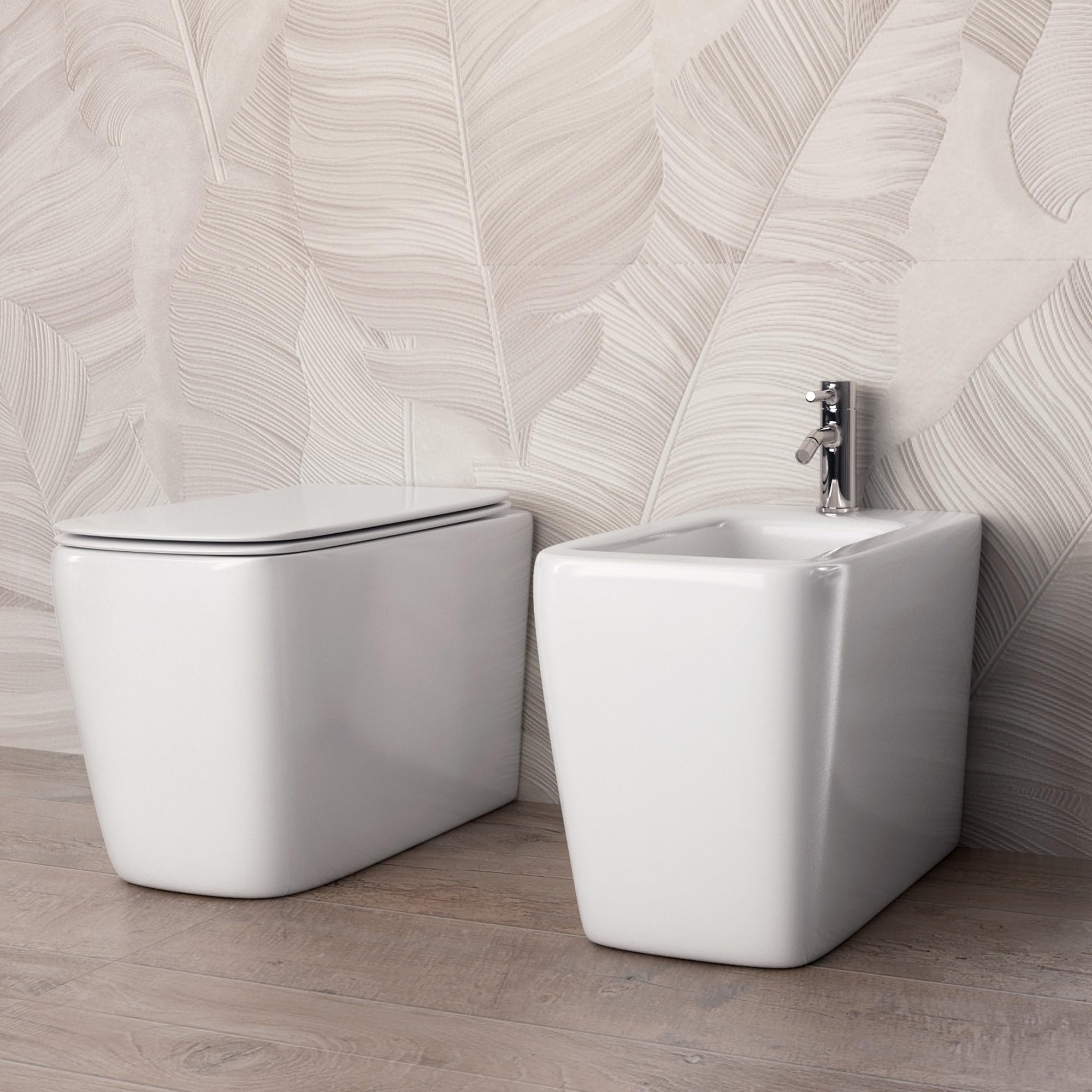coppia di sanitari da terra in ceramica bianca, filo muro, seduta ammortizzata soft close, senza brida, serie Azalea