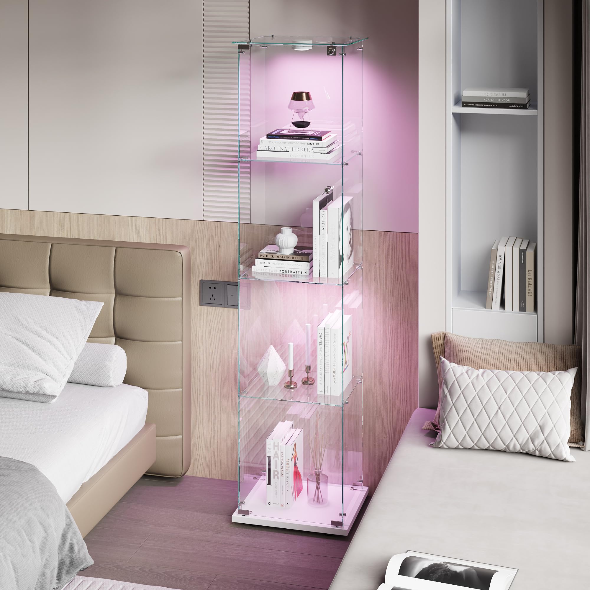 vitrina de cristal, armario de colección moderno de cristal de 4 capas, con luz LED multicolor, escaparate para manualidades, salón, libros (blanco, 1 puerta de 4 pisos)