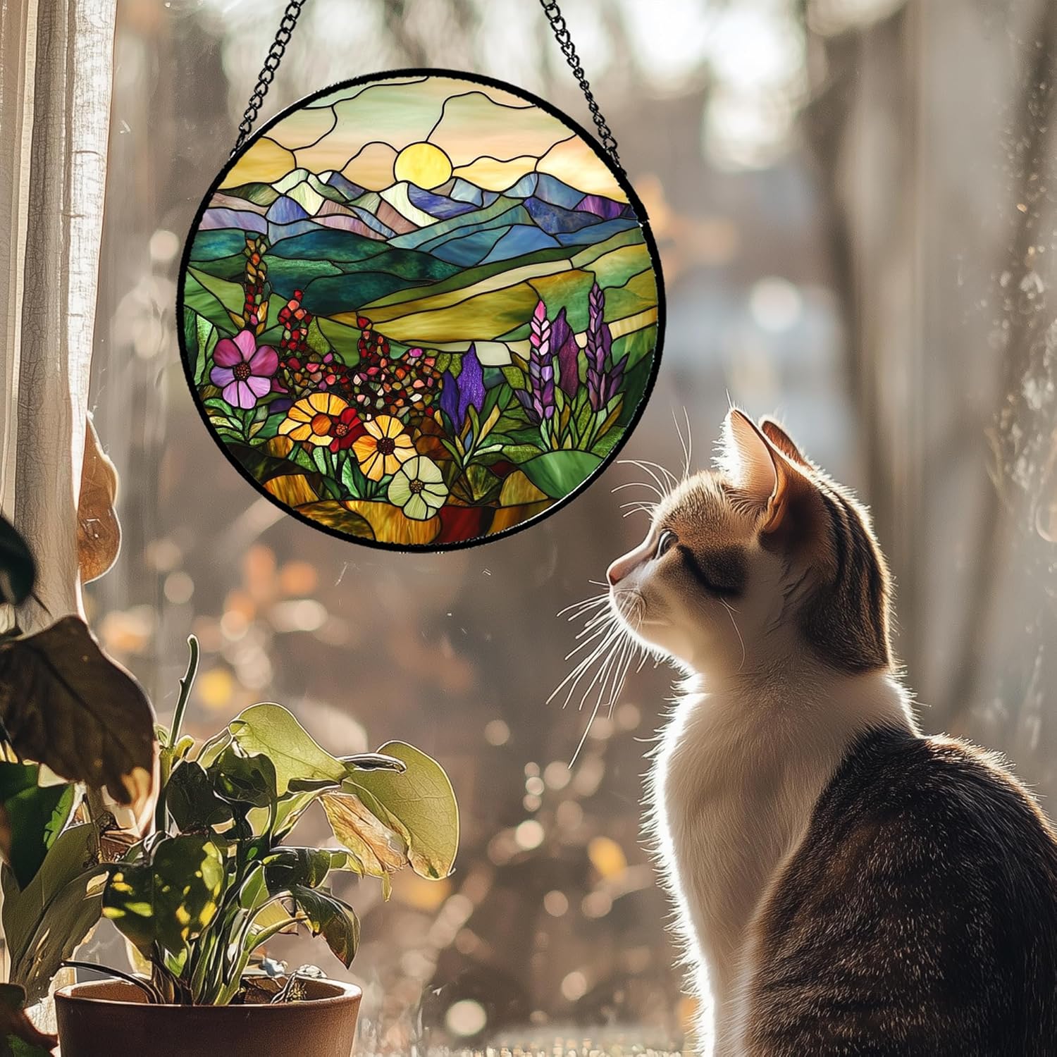 Stained Glass Window Hanging Purple Wildflowers Pastoral Scenery 7.8" - Suncatcher Door Garden Sun Catcher Home Decor Birthday Christmas for Mom Men Woman Friend - Image 2