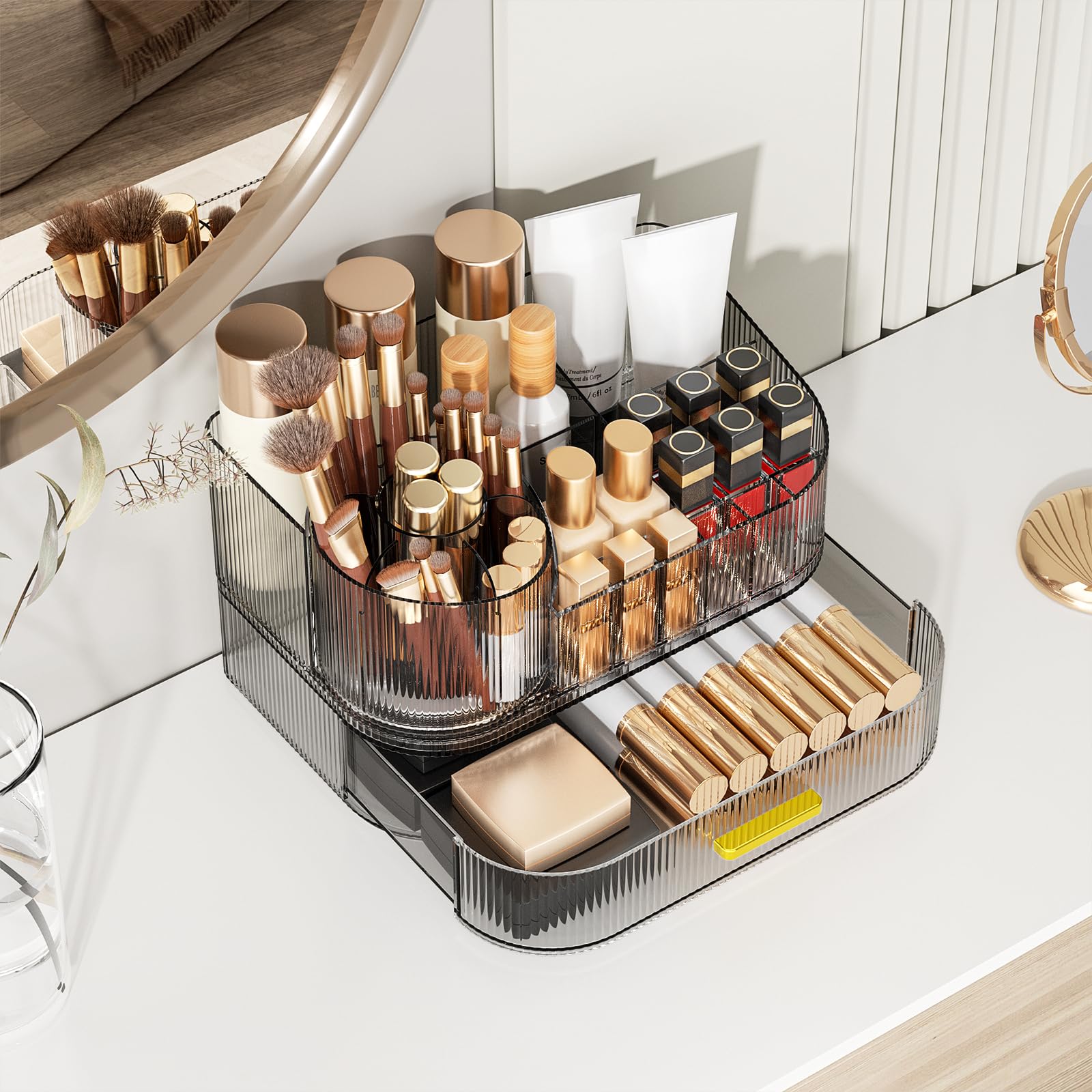 Organizer per trucchi per toeletta con cassetti impilabili, porta pennelli da trucco rotante a 360 gradi, grande espositore per cosmetici per comò, organizer per la cura della pelle da piano di