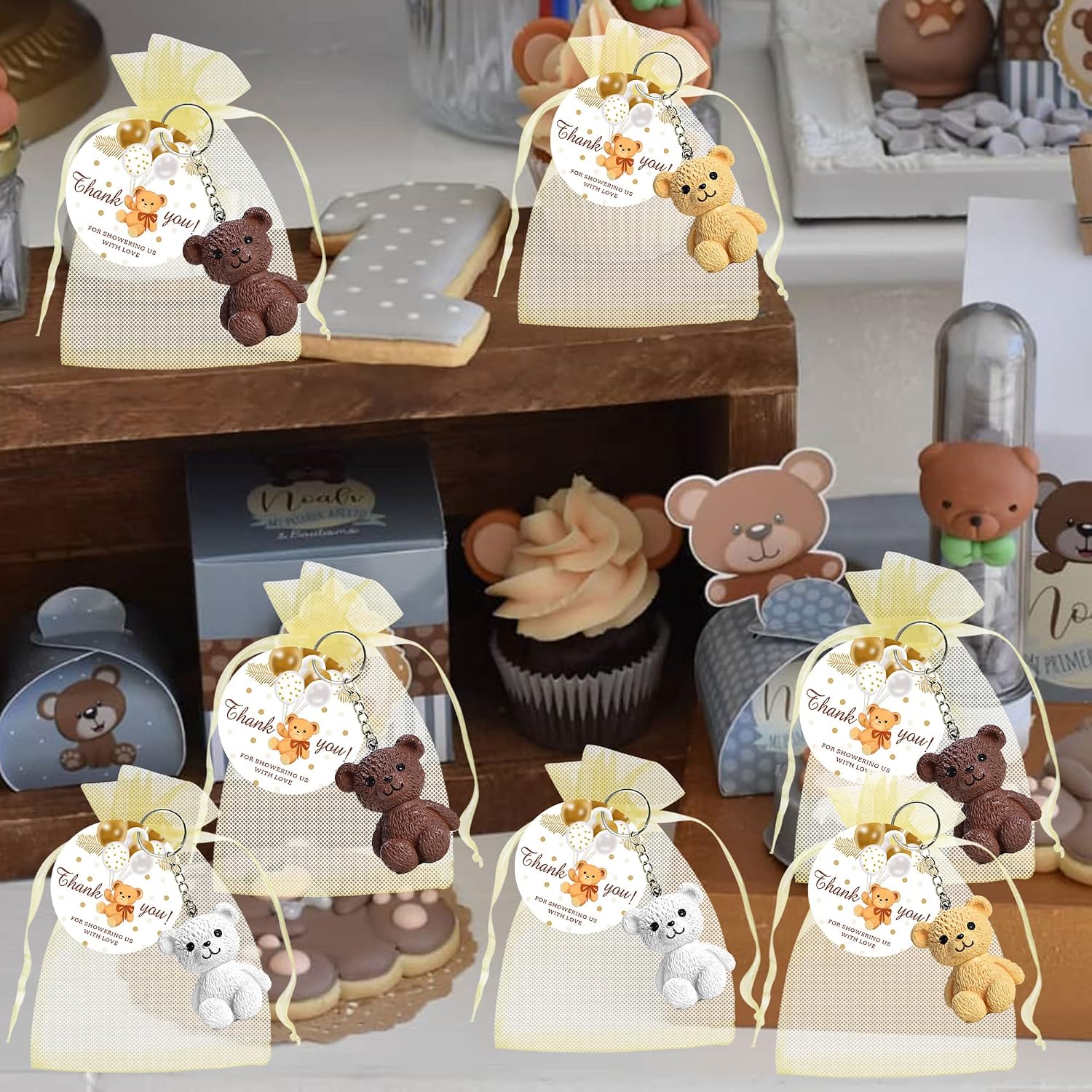 18 Sets Mini Bear Party Favors with Gold Organza Bags, Thank You Tags for Baby Shower, Bear Theme Party Return Favors, Goodie Bag Decor, Classroom Rewards