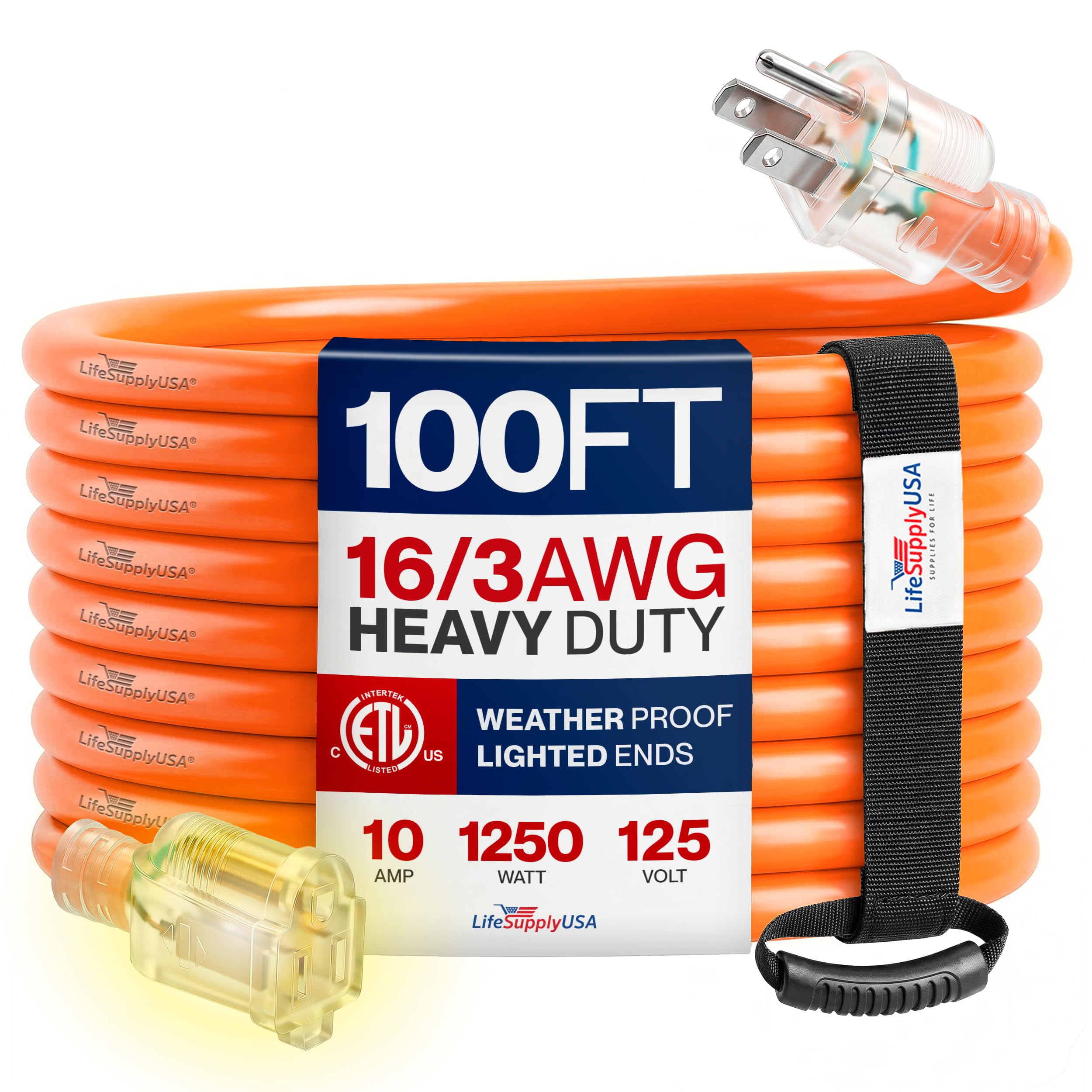 LifeSupplyUSA - Cable de extensión eléctrico para exteriores de 100 pies e interior, cable de caída eléctrico impermeable - Cable de 3 puntas SJTW, calibre 16, 10 amperios, 125 voltios, 1250 vatios,
