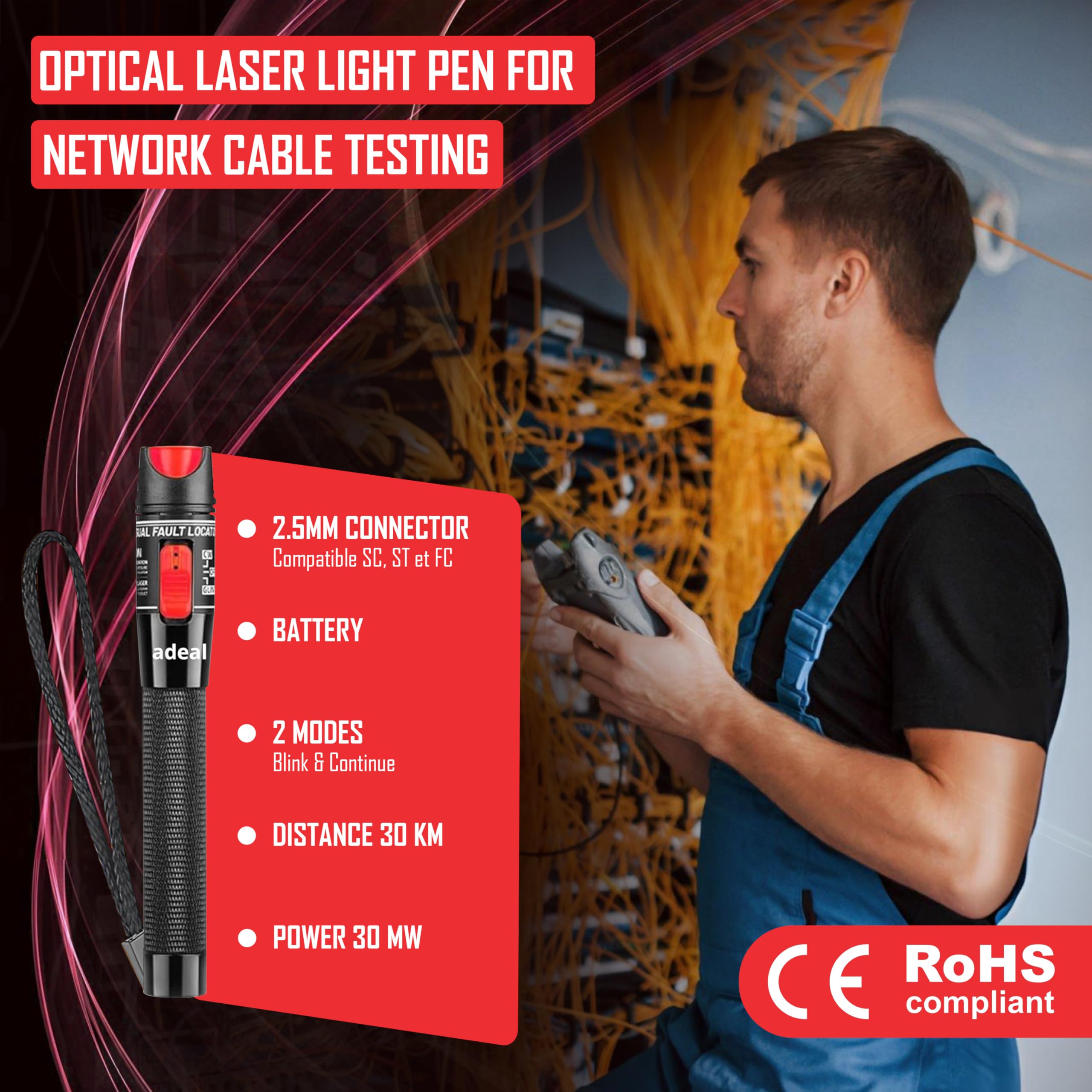 Kit Testeur Fibre Optique VFL - Localisateur de Défauts Visuels 50 km, Stylo Lumineux Laser Fibre Optique 50mW pour Test de Câble Réseau, avec Adaptateur Monomode 9/125 um FC Mâle vers LC Femelle.