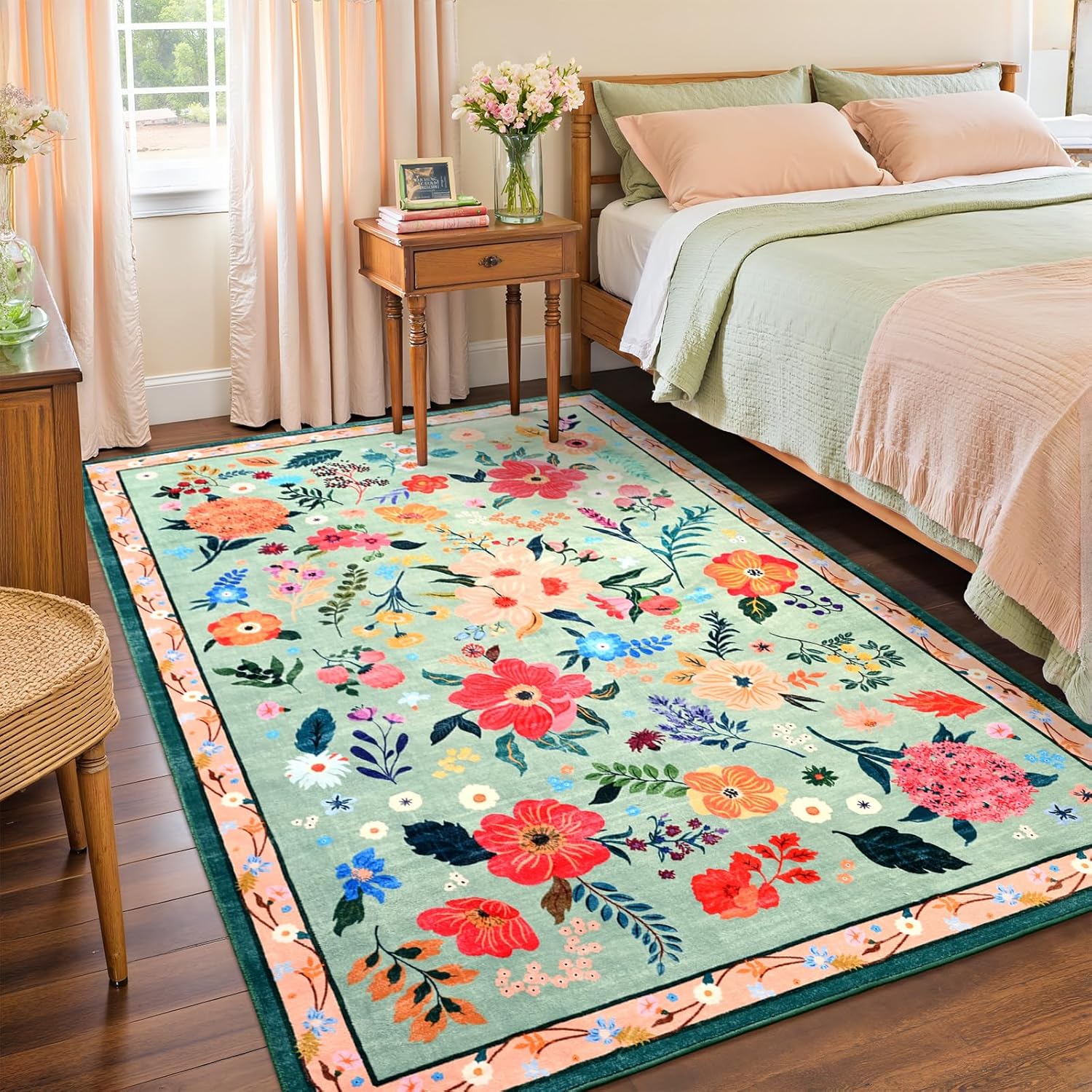4x6 Floral Rug for Girls Bedroom, Machine Washable Area Rugs with Non Slip Backingfor Living Room, Cute Flowers Carpet Kitchen Dining Room Kids Playroom Decor, Light Green Light Green 4' x 6' (Rectangular)